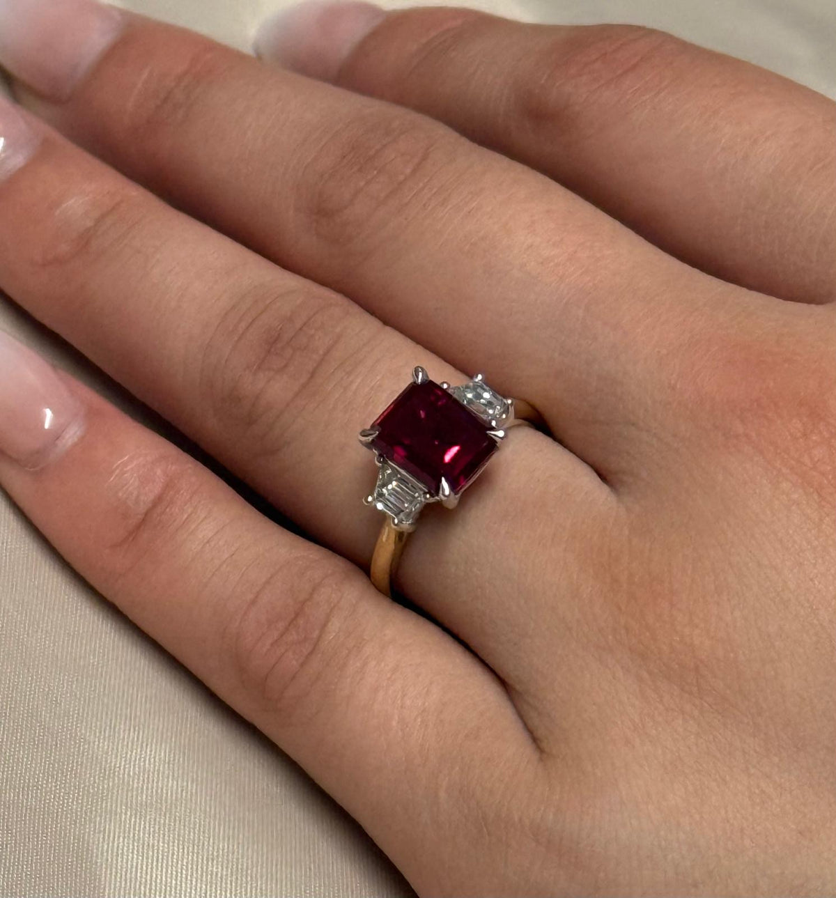 9ct Yellow Gold Lab-Grown Emerald Cut Ruby with Trapezoid Diamond Shoulders