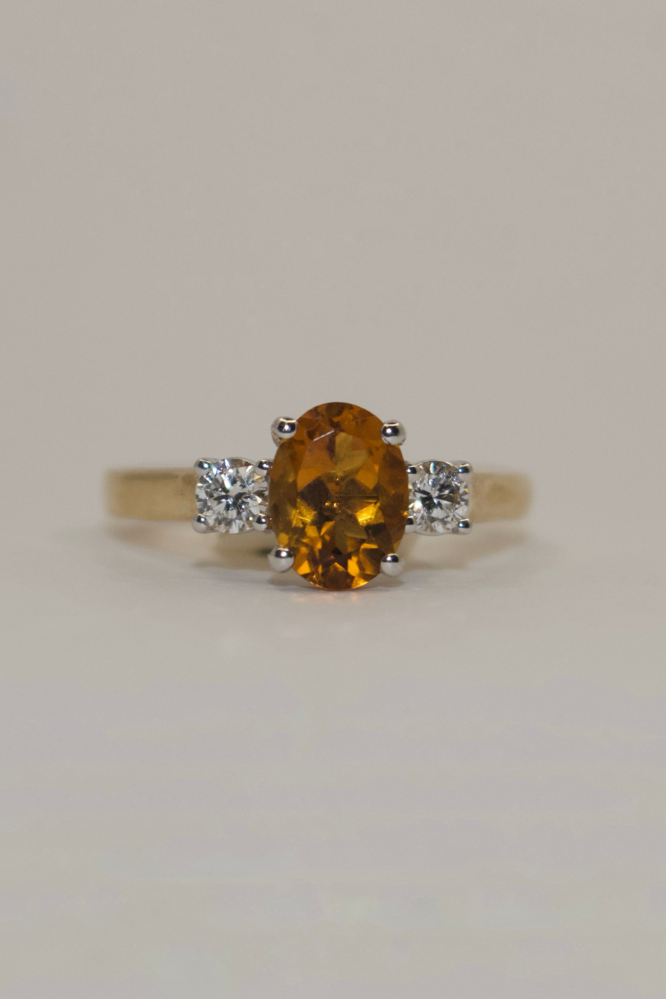 9K Yellow Gold Citrine and Diamond Three Stone Ring