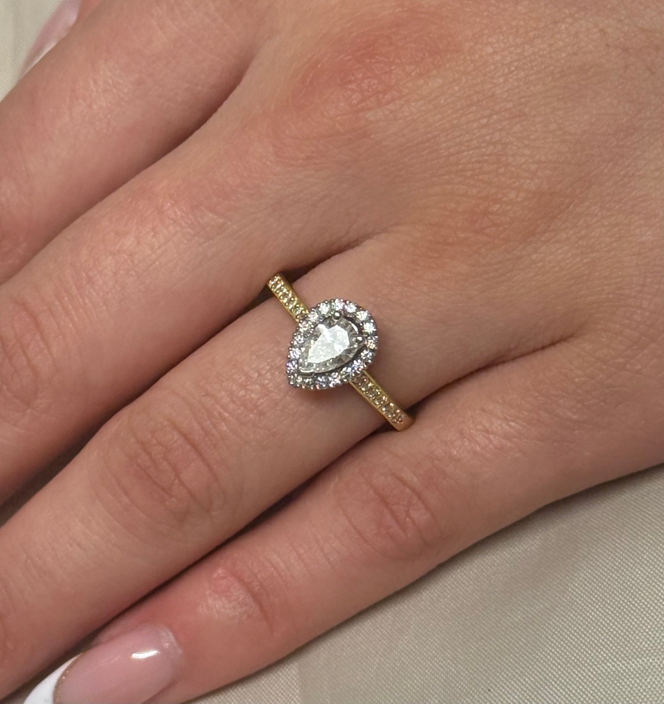 18K Two Tone Gold Pear Halo With Diamond Band