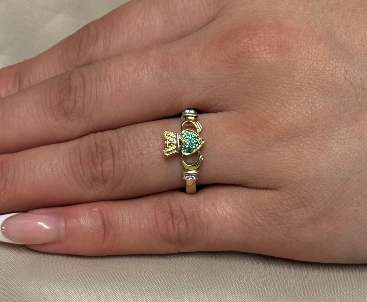 9K Yellow Gold Emerald and Diamond Claddagh Ring