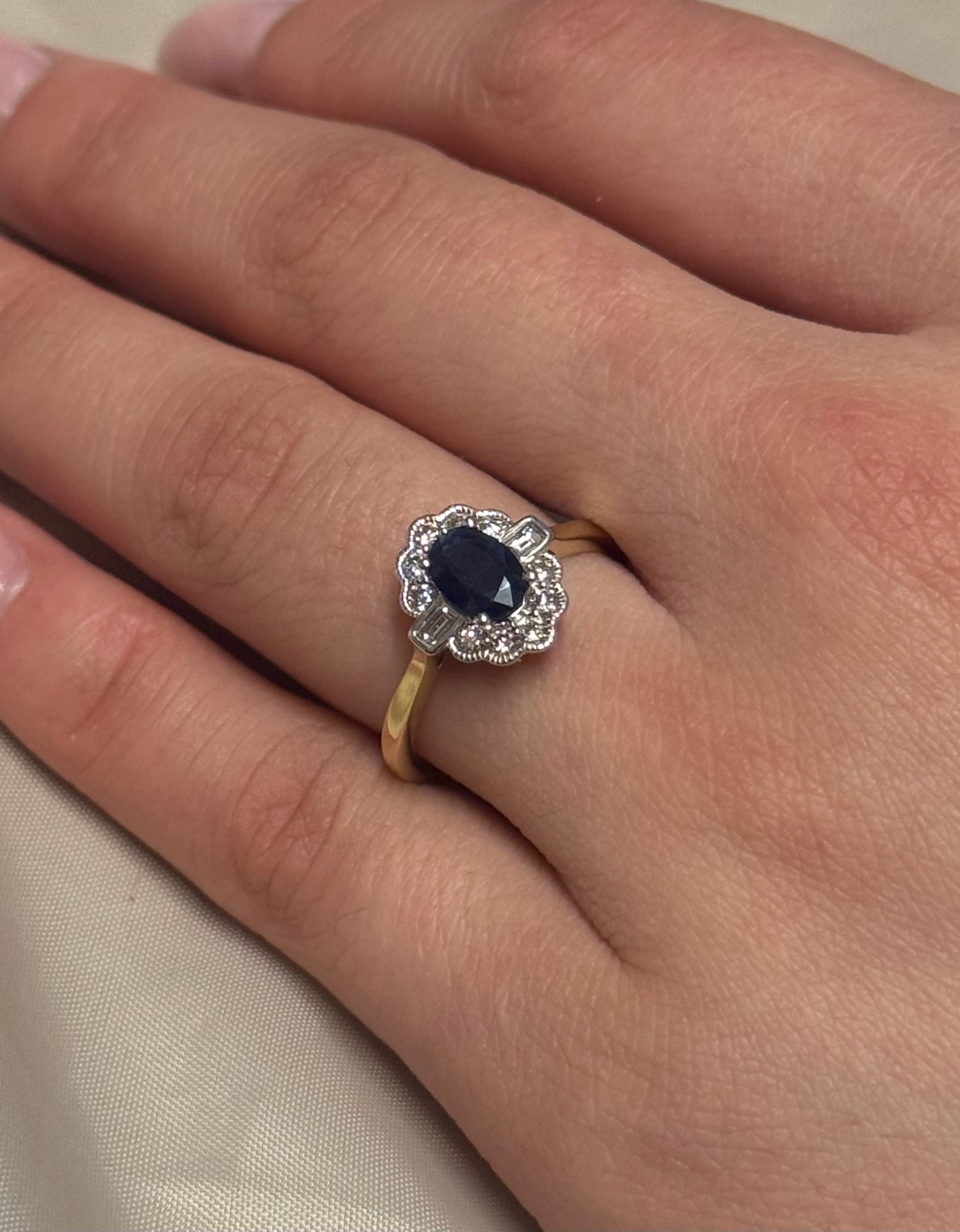 9ct Yellow Gold Oval Sapphire and Diamond Cluster with Baguette side stones