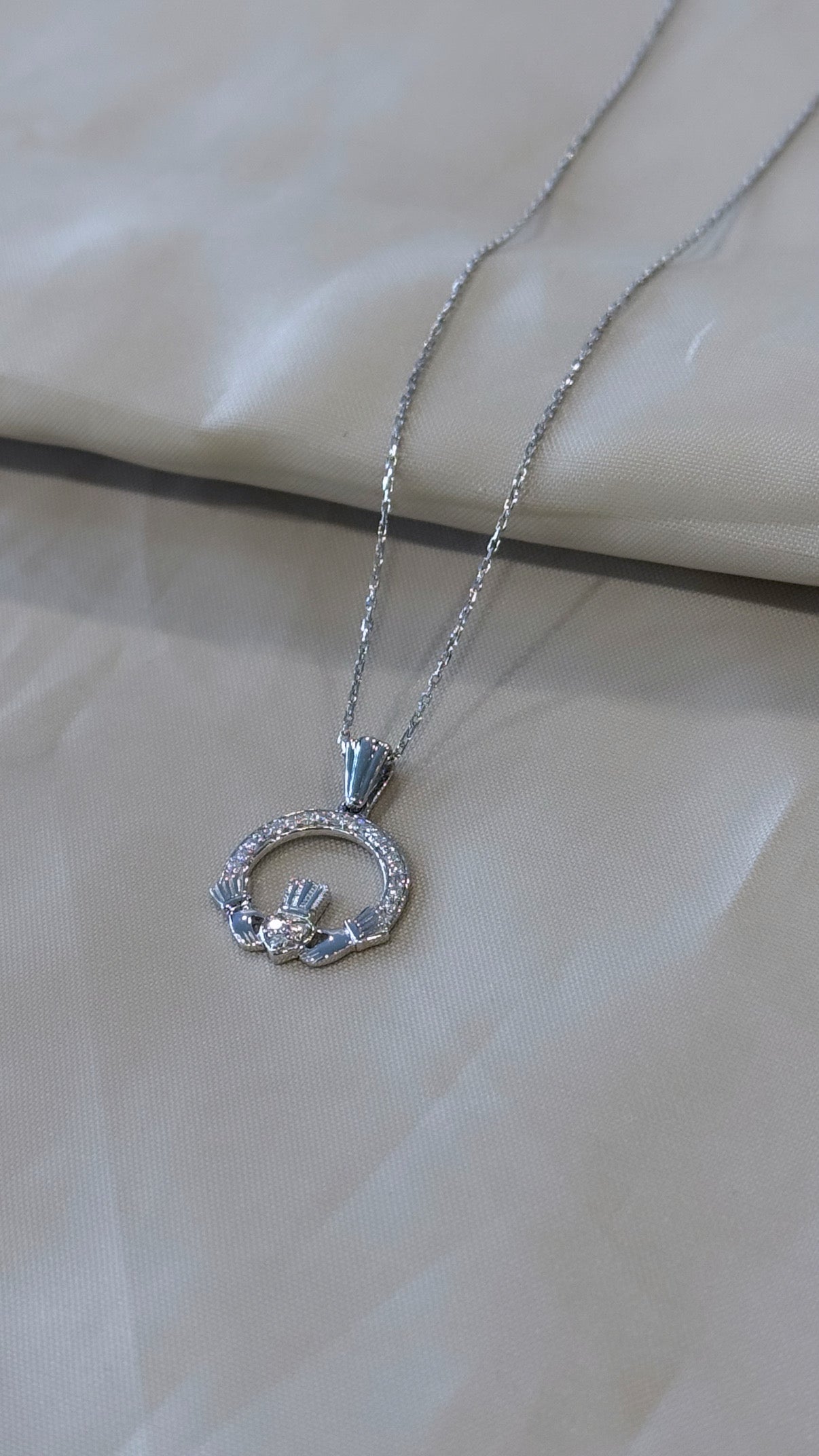 9ct White Gold Diamond Claddagh Medium Pendant