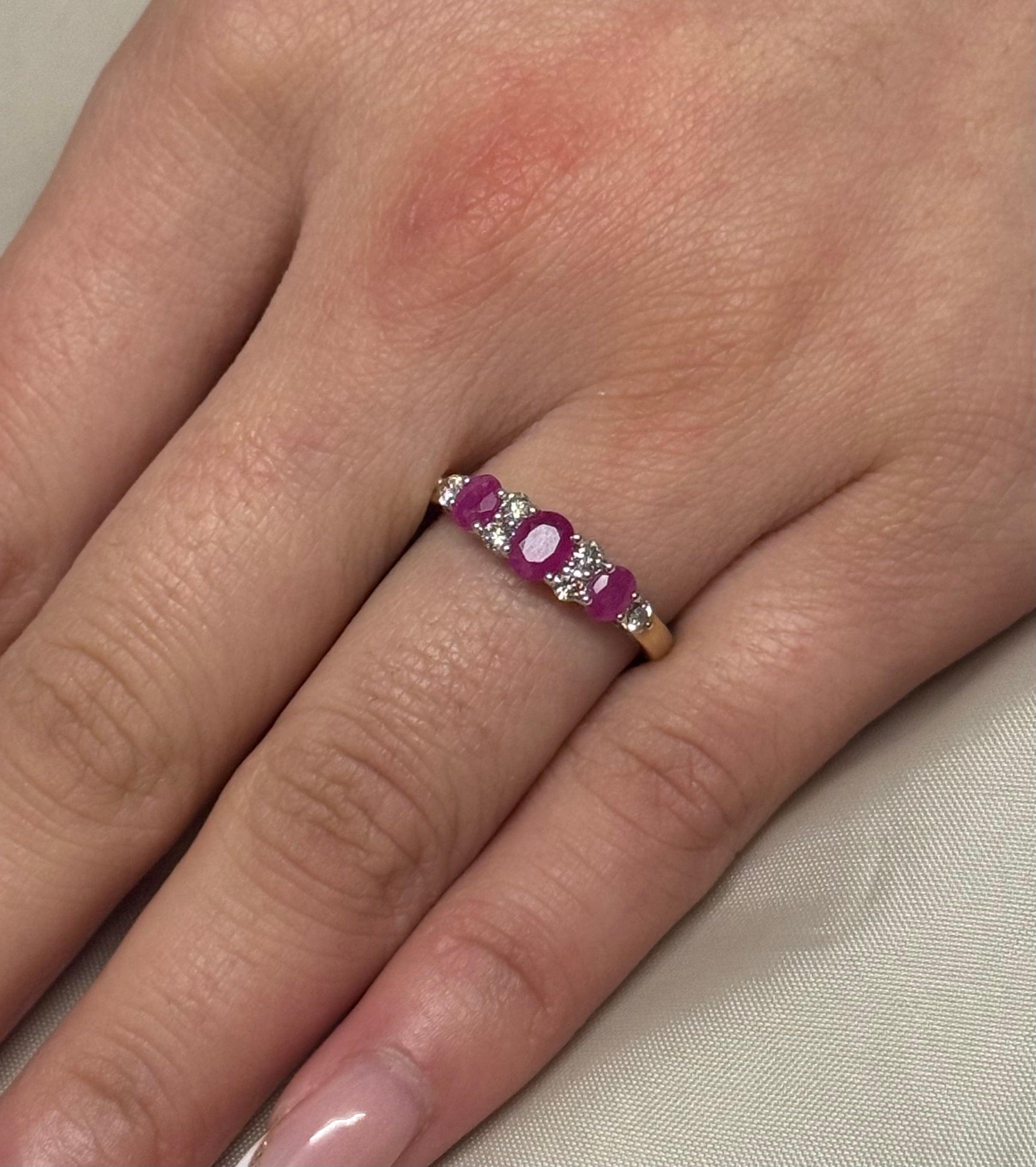 9K Yellow Gold Three Stone Ruby with Diamond Accents
