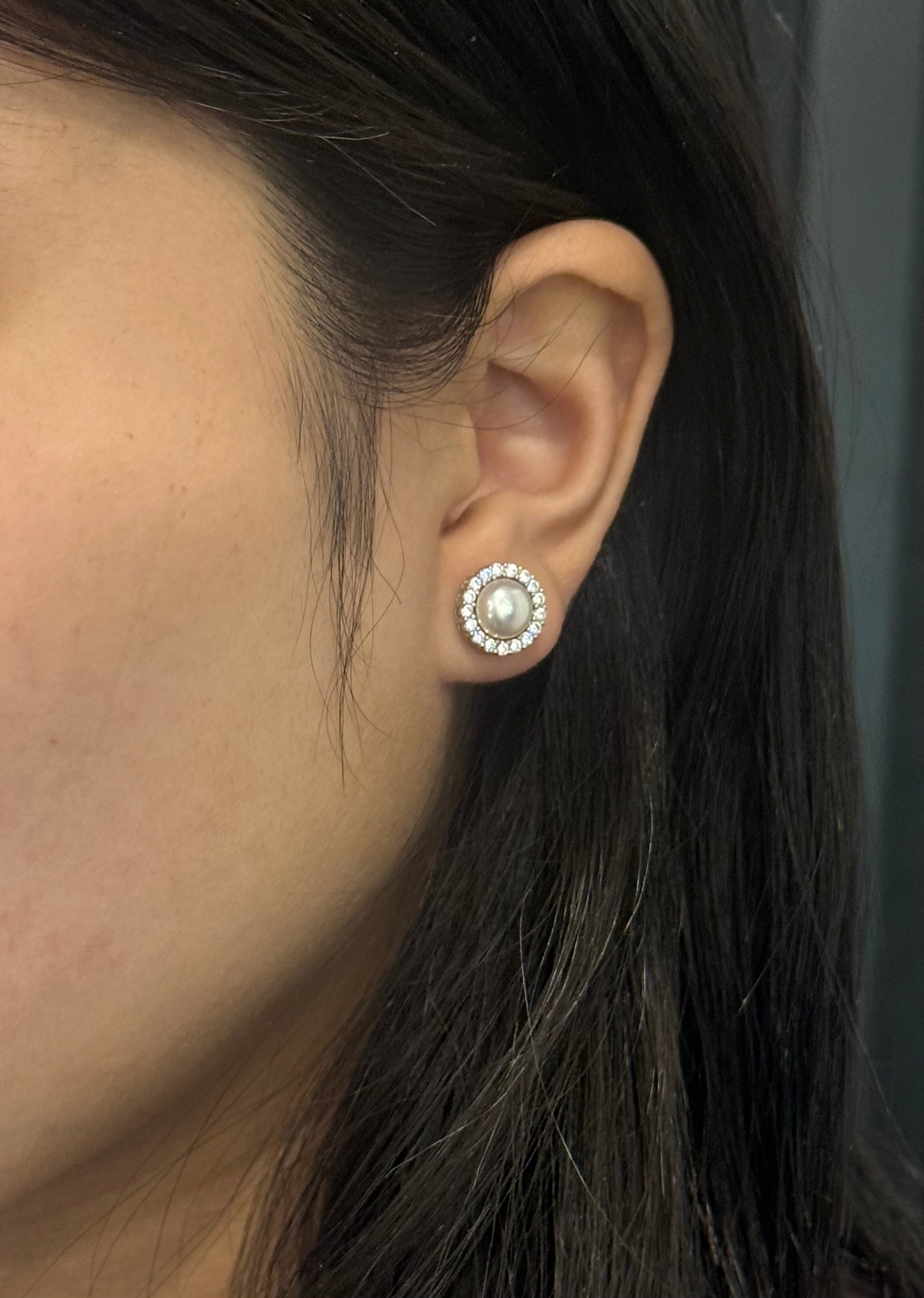 Sterling Silver Pearl Halo Stud Earrings