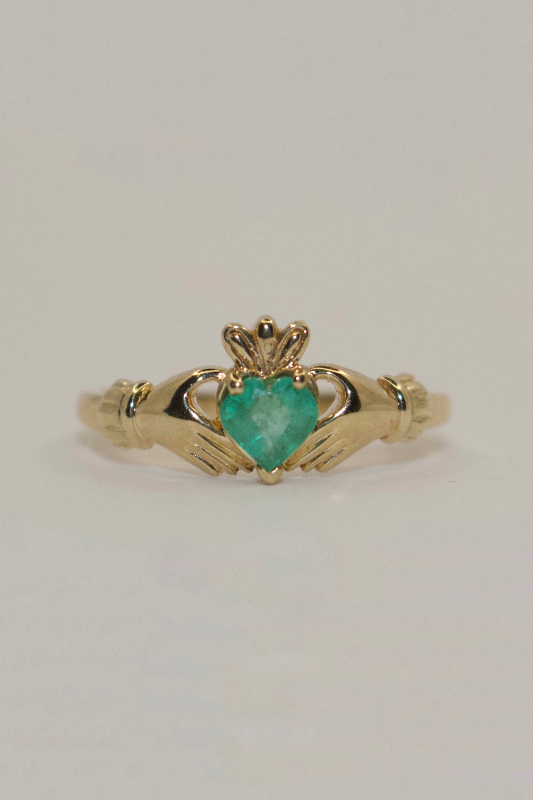 9K Yellow Gold Emerald Heart Claddagh Ring