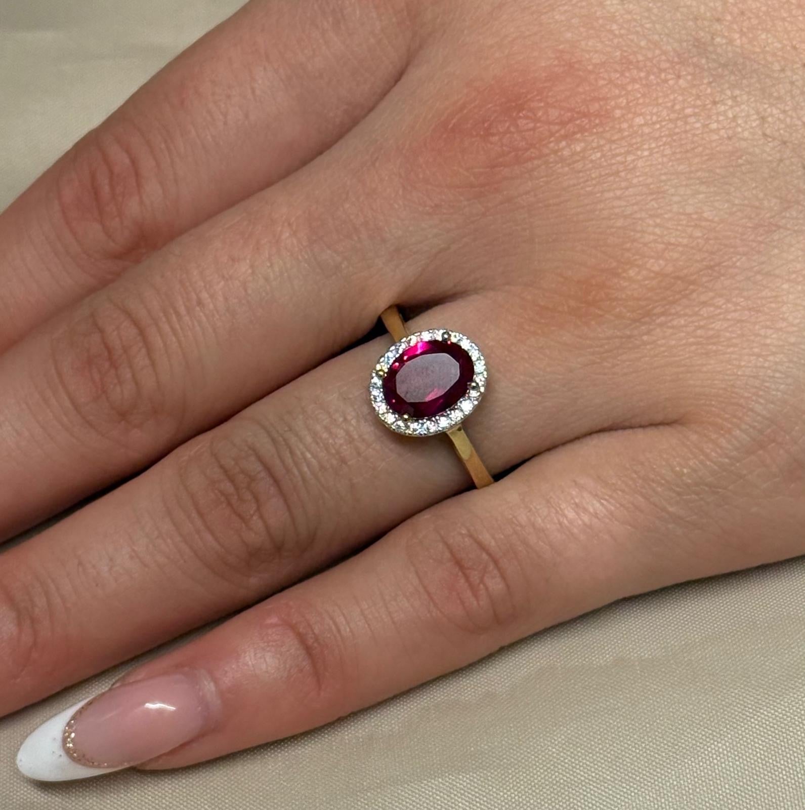 9K Yellow Gold Round Red Stone Ring with CZ Halo