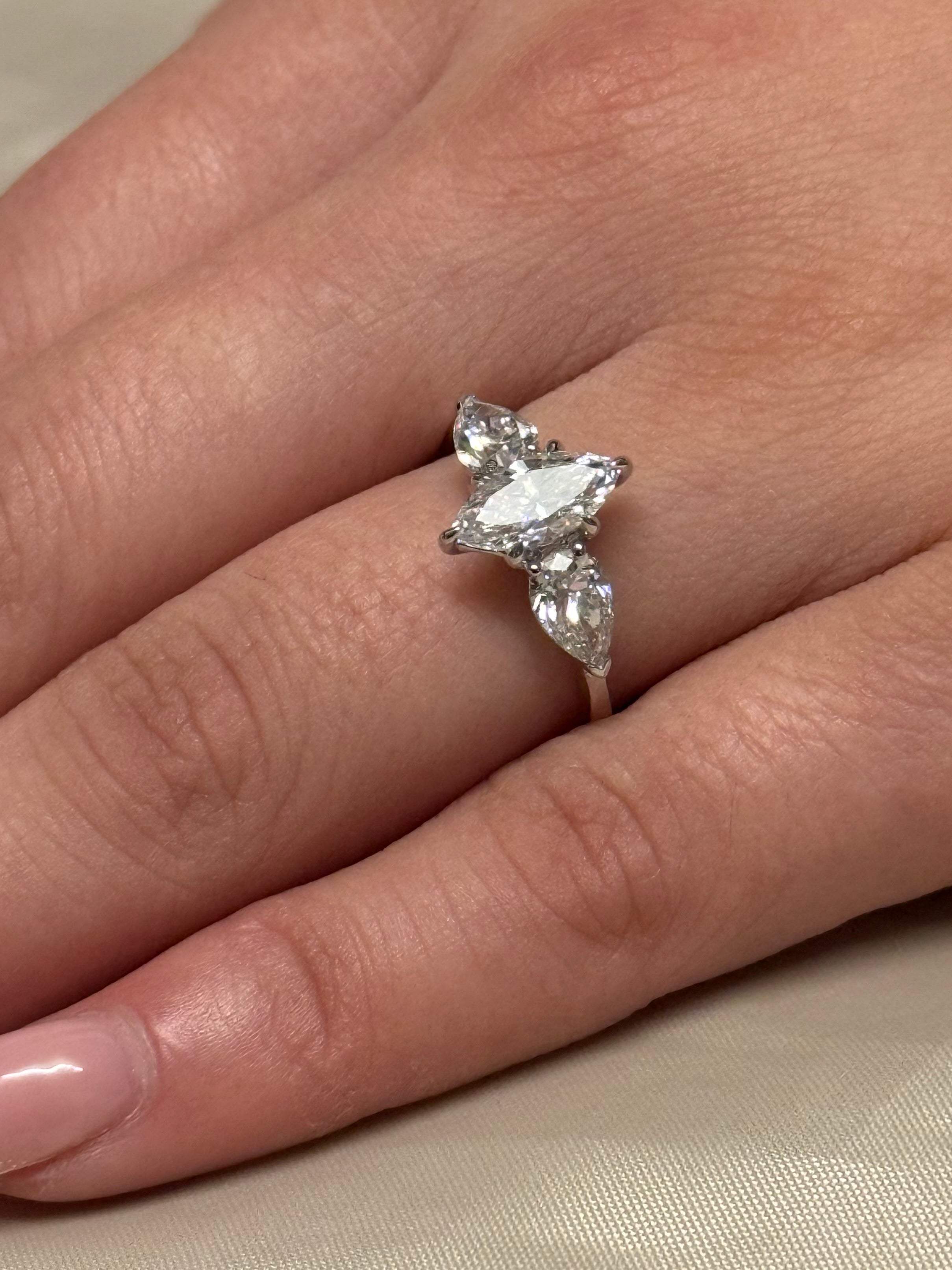 9K White Gold 2ct Marquise and Pear Laboratory Grown Diamond Three Stone Ring