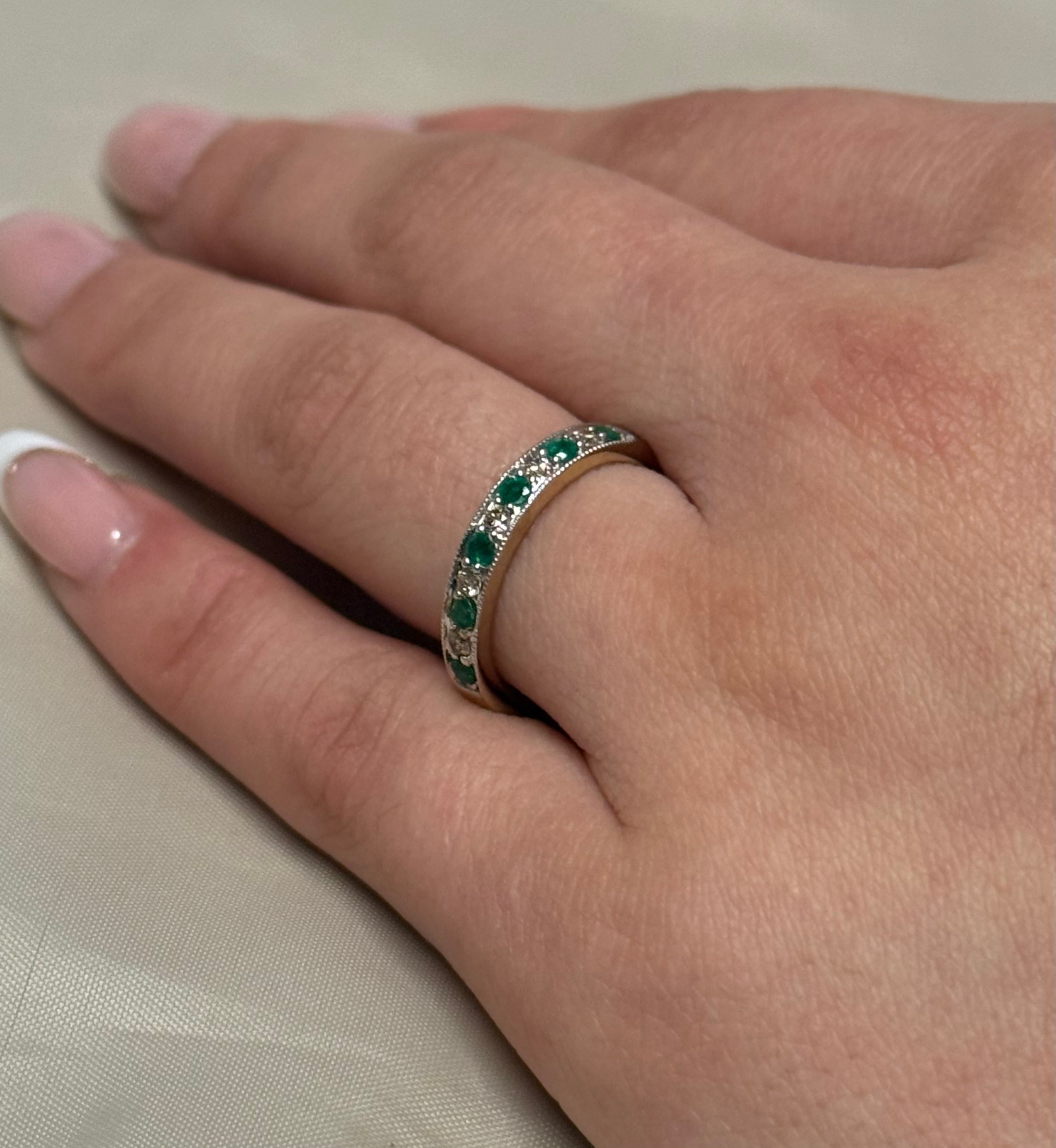 9K Yellow Gold Milgrain Channel Set Emerald and Diamond Band