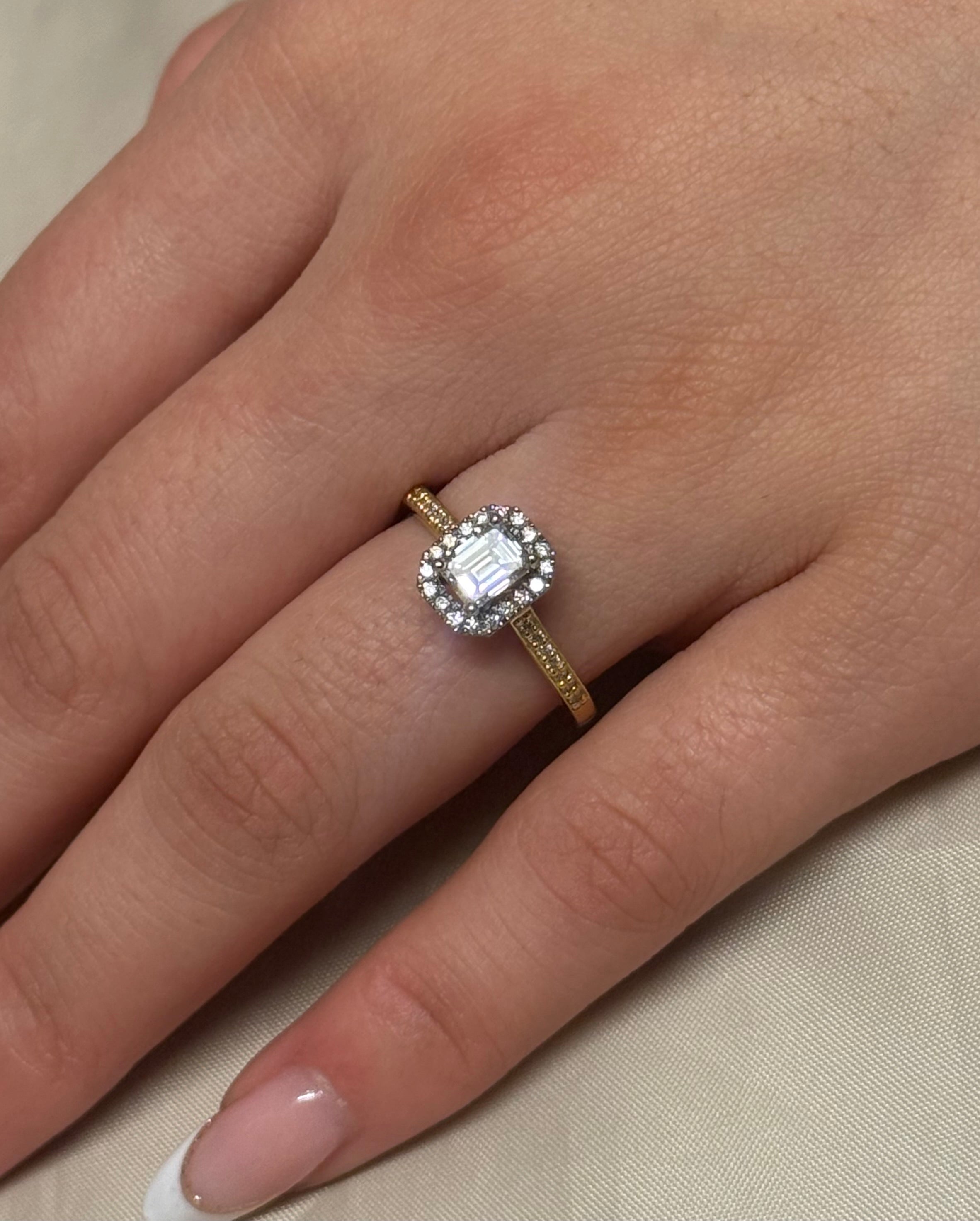 18K Yellow Gold Emerald Cut Halo with Diamond Band