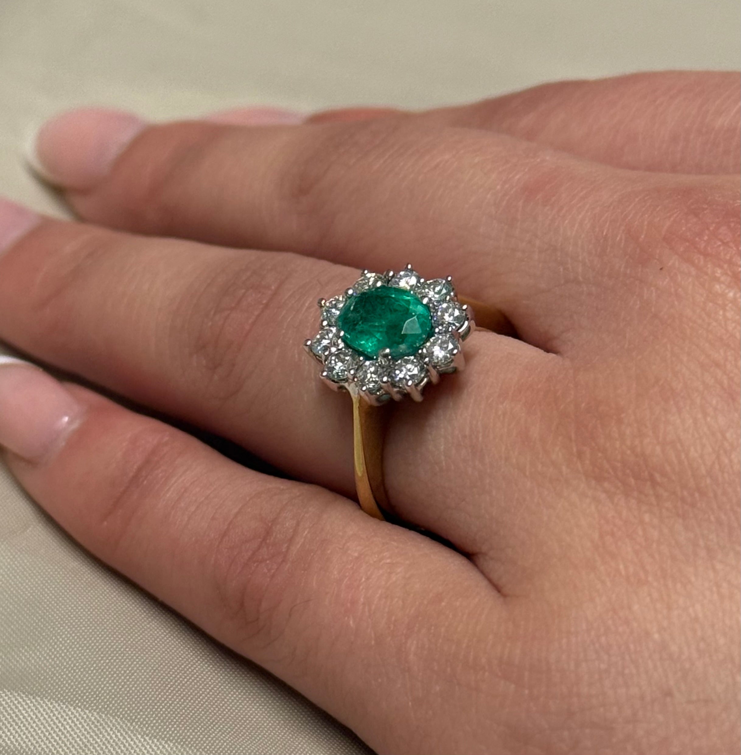 9K Yellow Gold Large Emerald and Diamond Cluster Ring