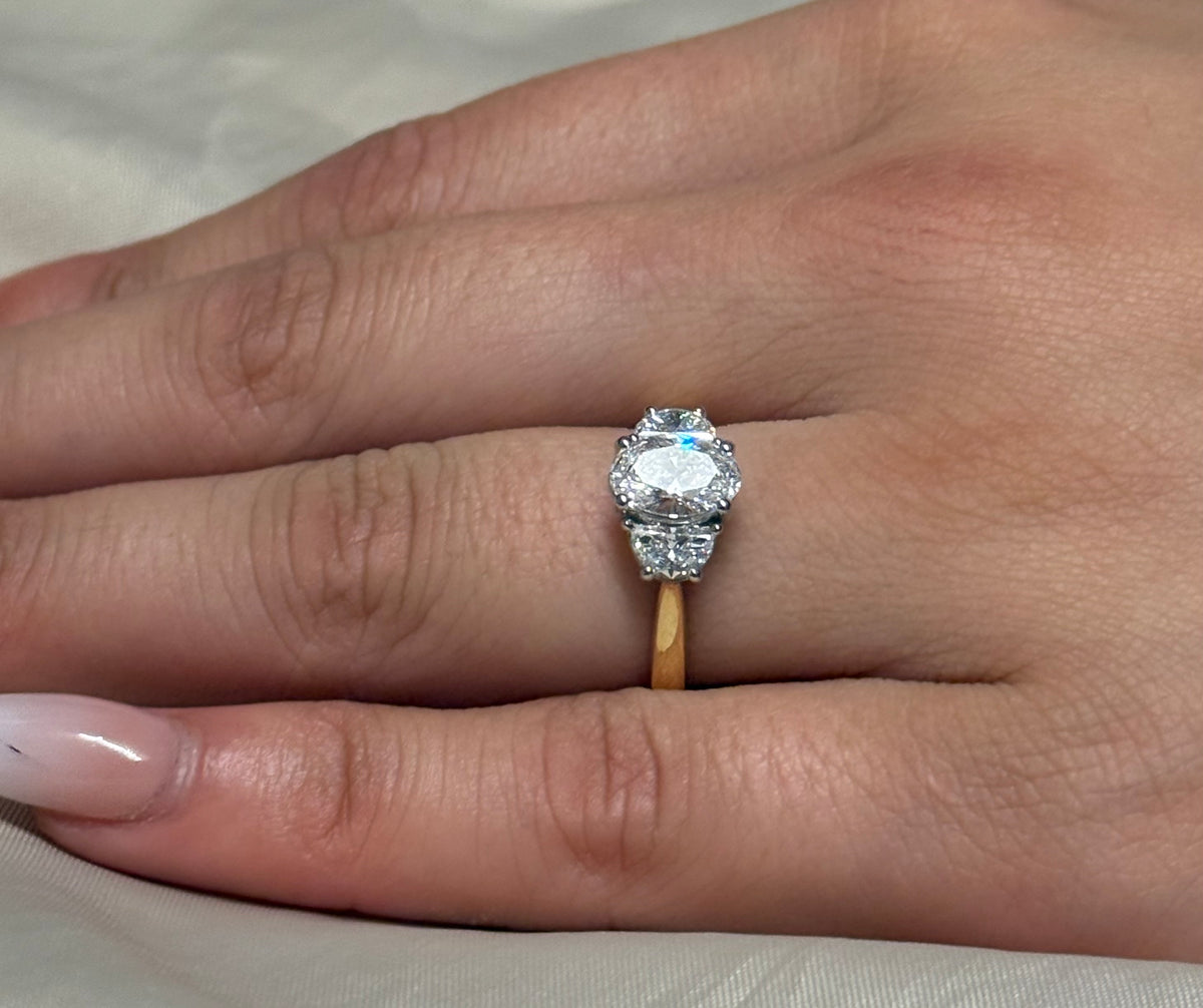18K Yellow Gold 1.4ct Laboratory Grown Oval 3 Stone with Half Moon Side Stones