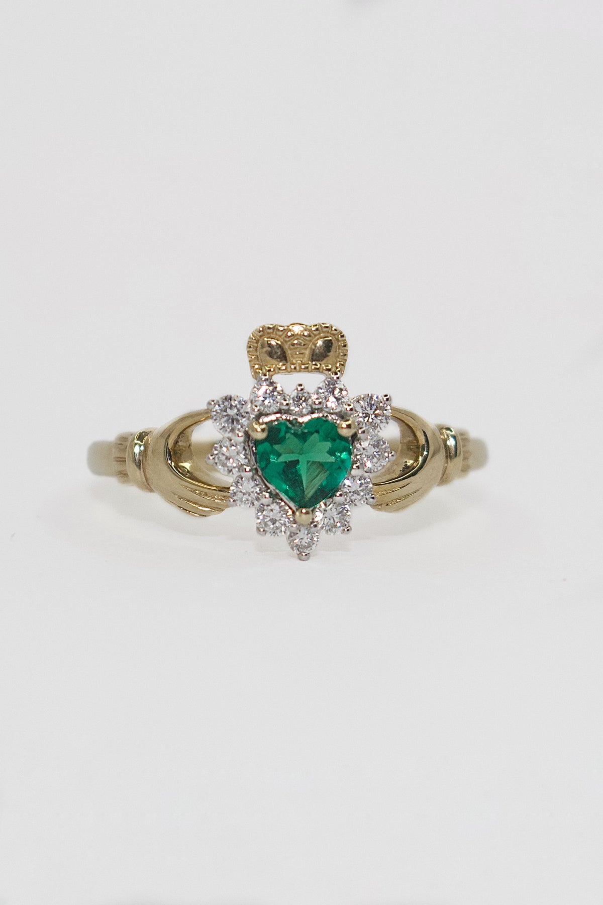 9K Yellow Gold Laboratory Grown Emerald Claddagh with Diamond Halo