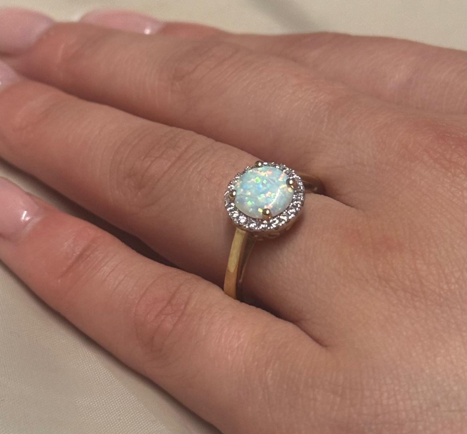 9K Yellow Gold Round Opal with CZ Halo Ring