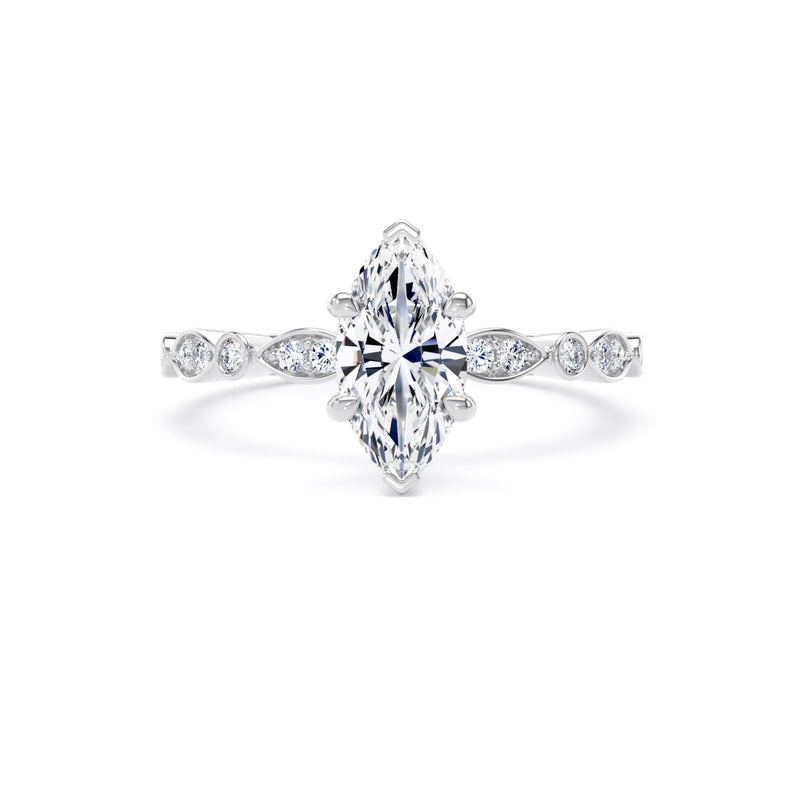 9K White Gold 1ct Marquise Laboratory Grown Diamond Ring with Fancy Band