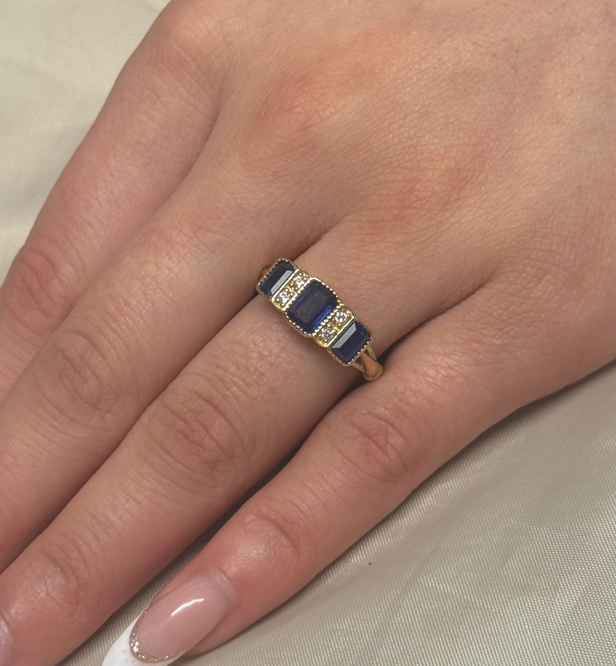 9ct Yellow Gold Vintage Style 3 Stone Sapphire and Diamond Ring