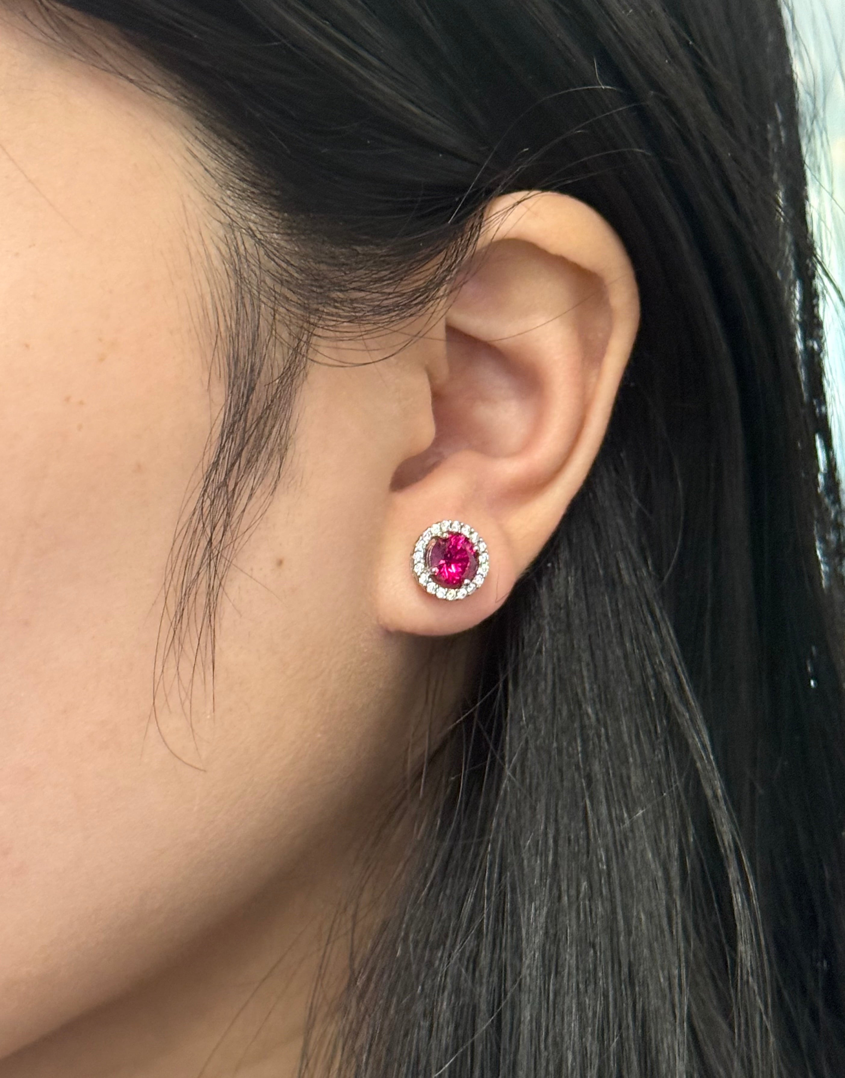 Sterling Silver Red Halo Stud Earrings