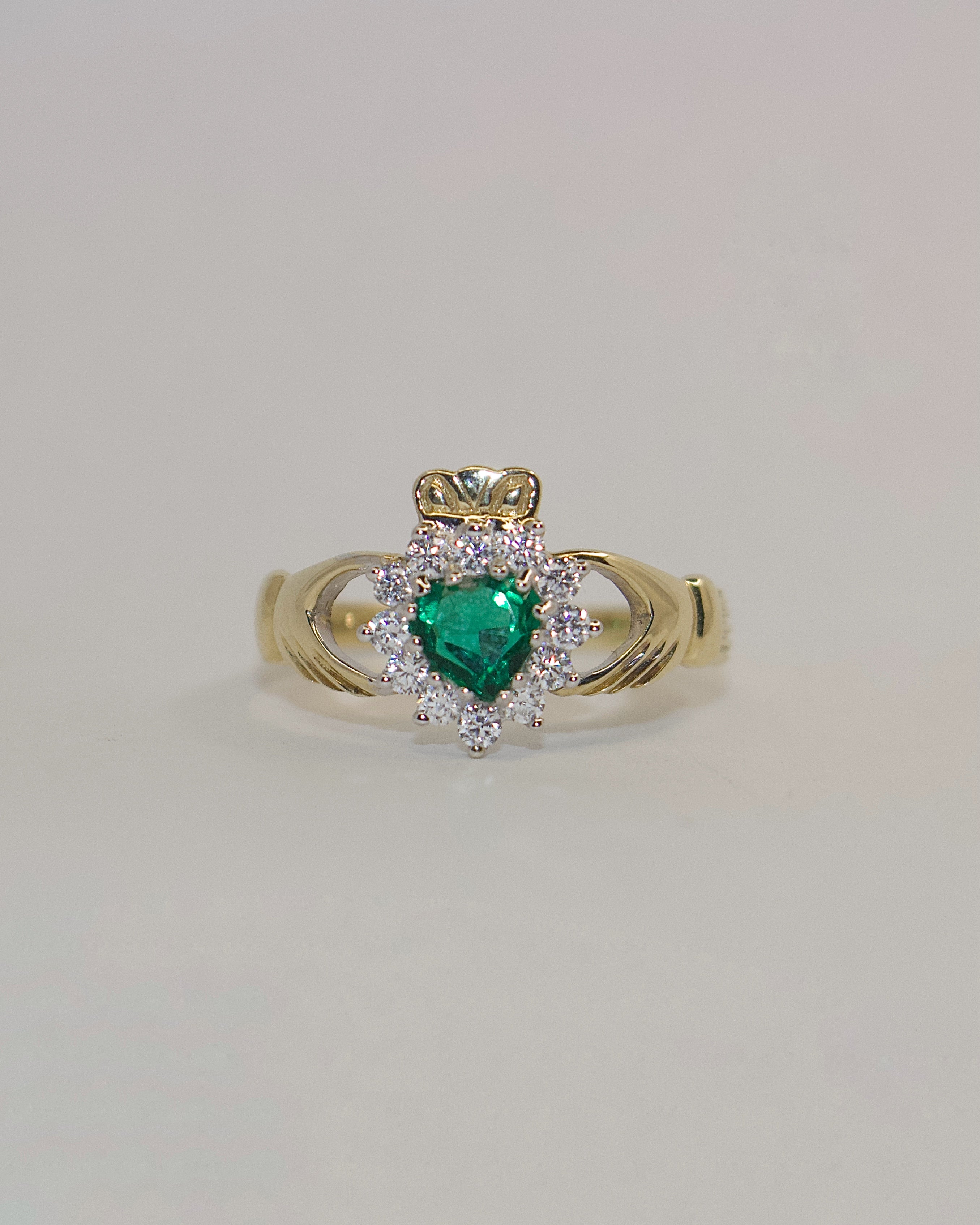 9ct Yellow Gold Green Stone and Cz Cluster Claddagh Ring