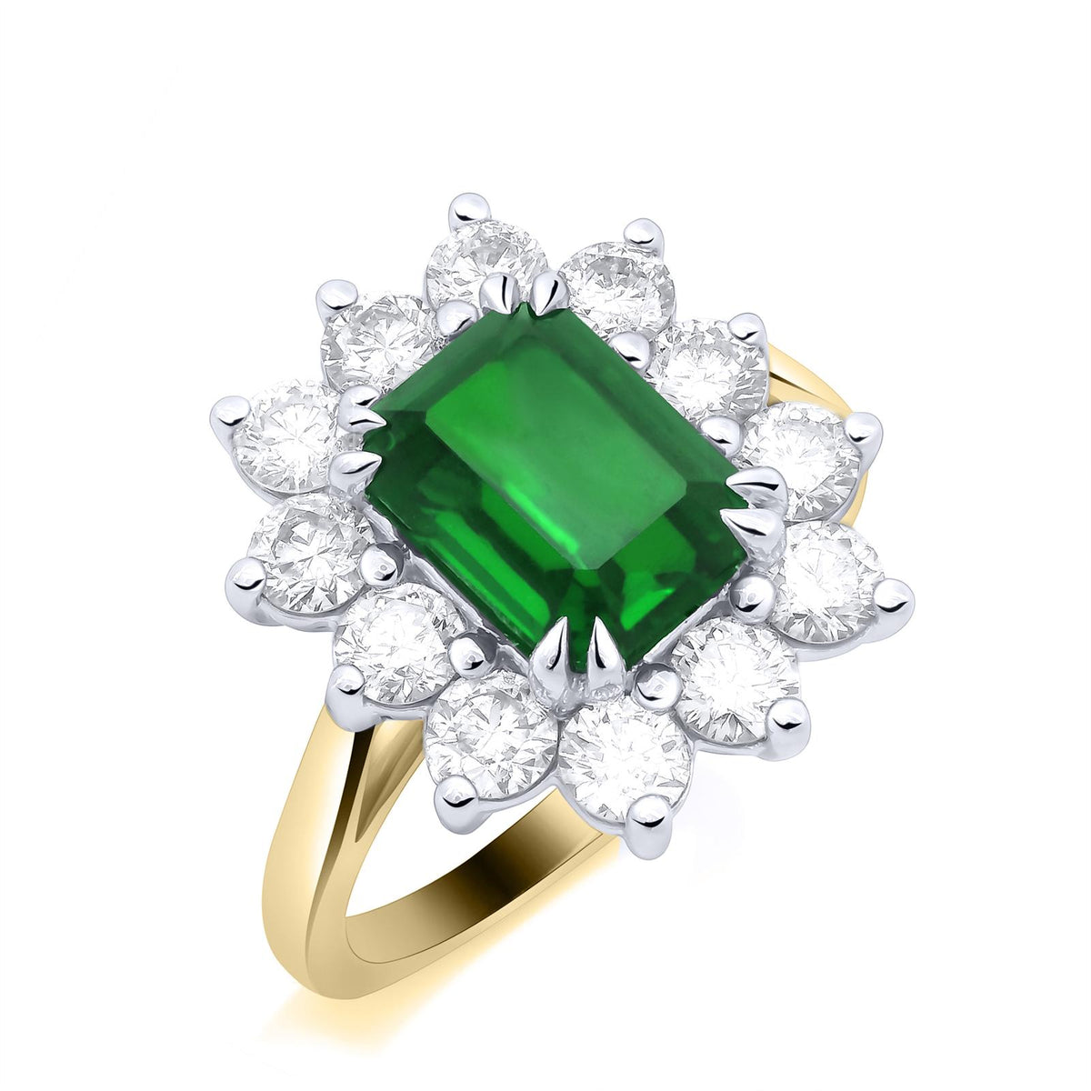 9ct Yellow Gold Lab Grown Emerald Cut Emerald and Diamond Cluster Ring