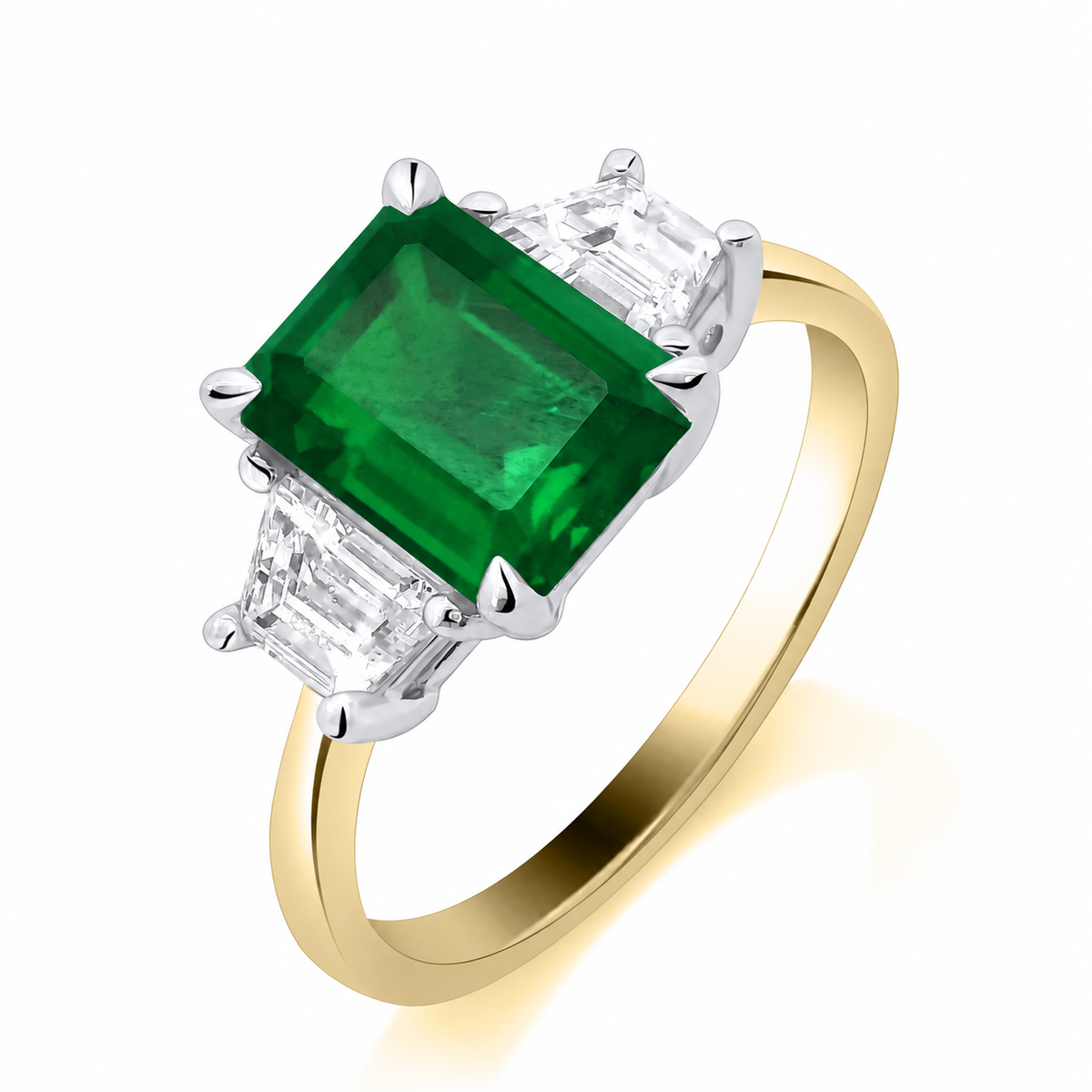 9ct Yellow Gold Lab-Grown Emerald Cut Emerald with Trapezoid Diamond Shoulders