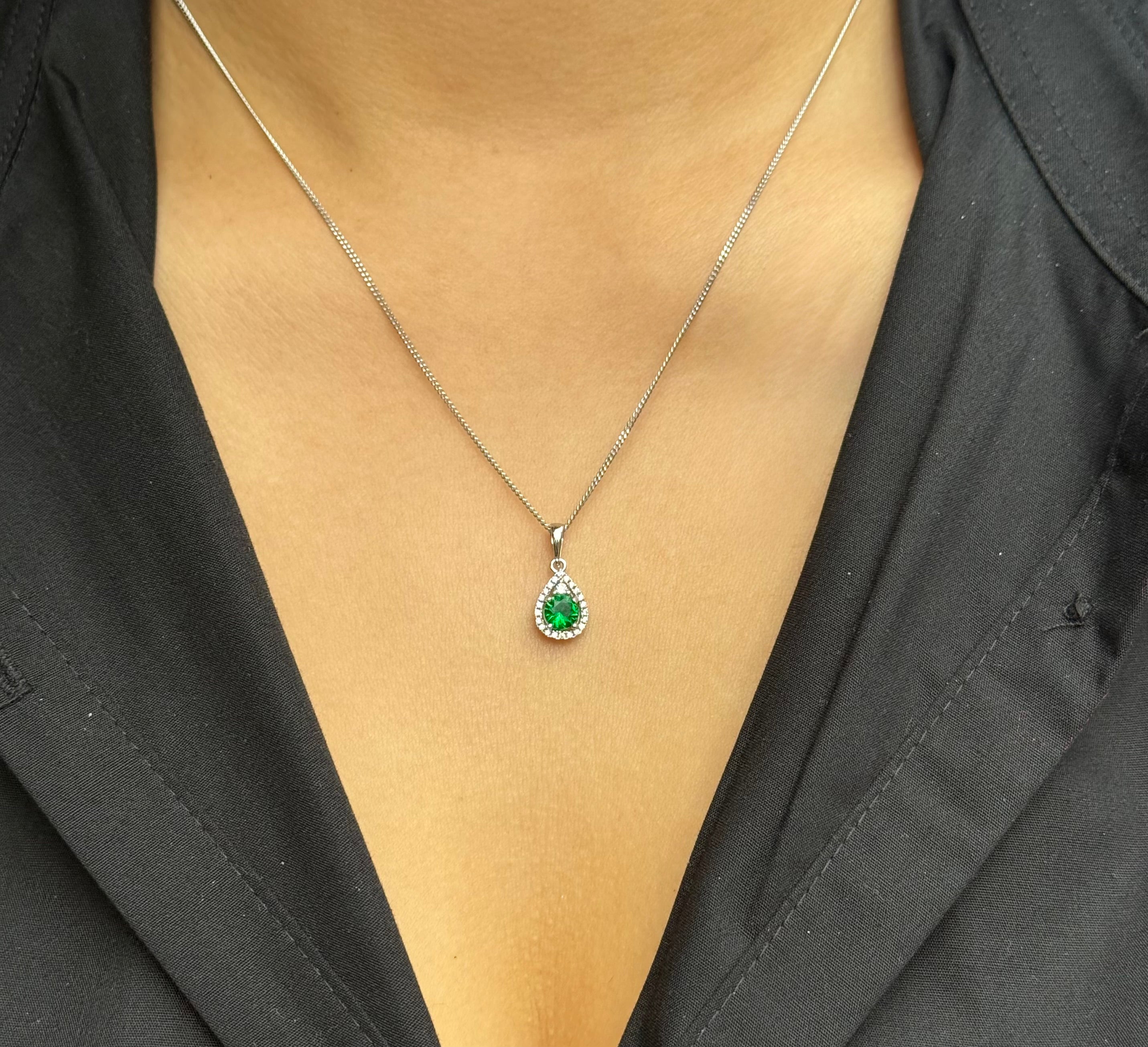 Sterling Silver Green Cz Pear Halo Pendant