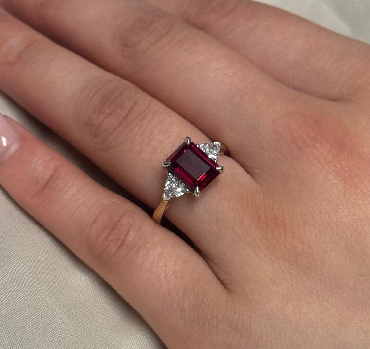 9ct Yellow Gold Lab-Grown Emerald Cut Ruby with Trillion Diamond Shoulders