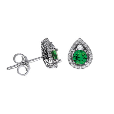 Sterling Silver Green Pear Halo Stud Earrings
