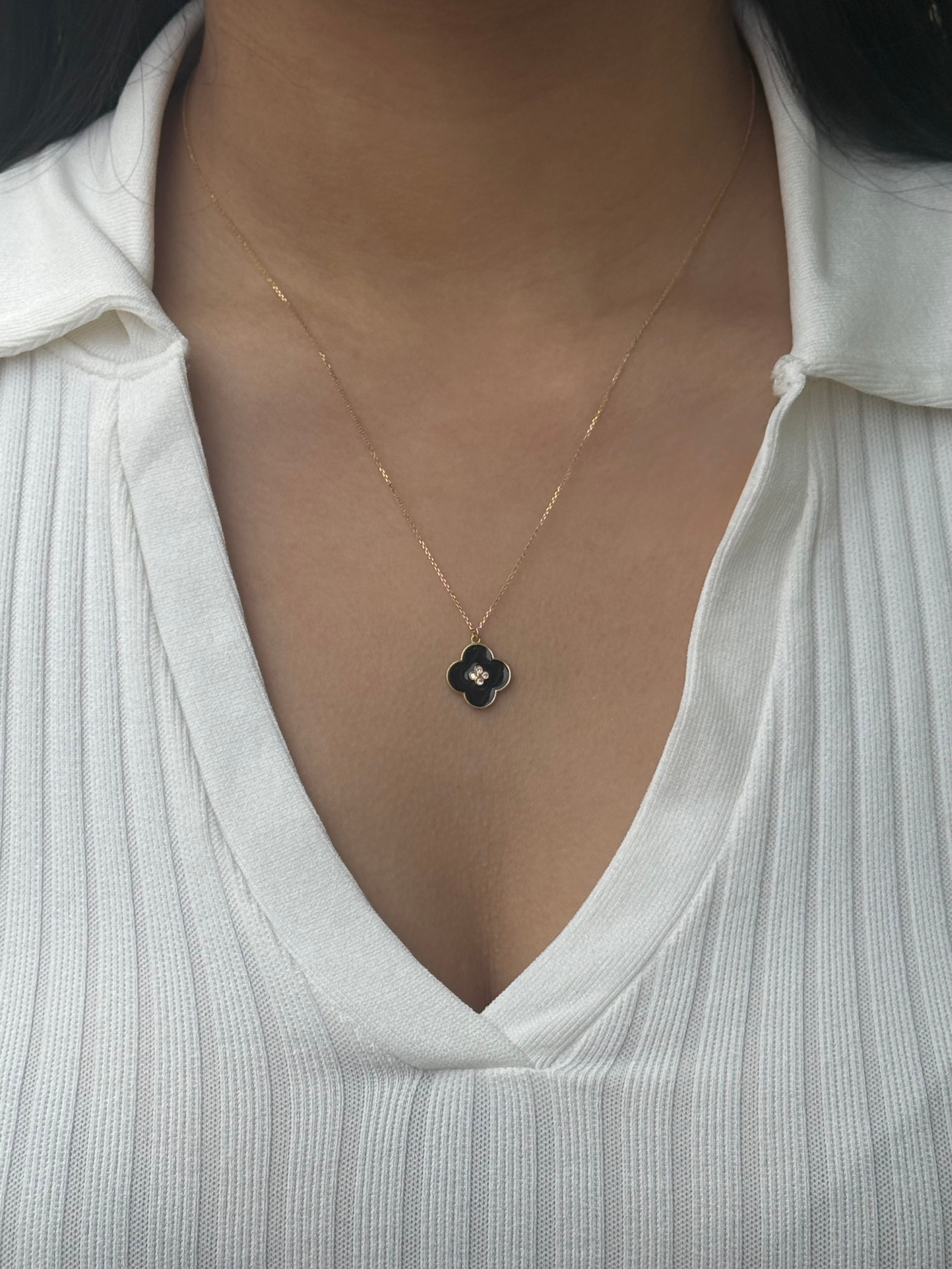 9ct Yellow Gold Black Enamel CZ Clover Pendant
