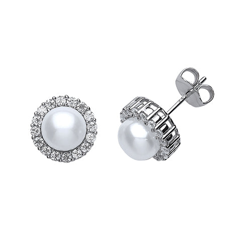 Sterling Silver Pearl Halo Stud Earrings