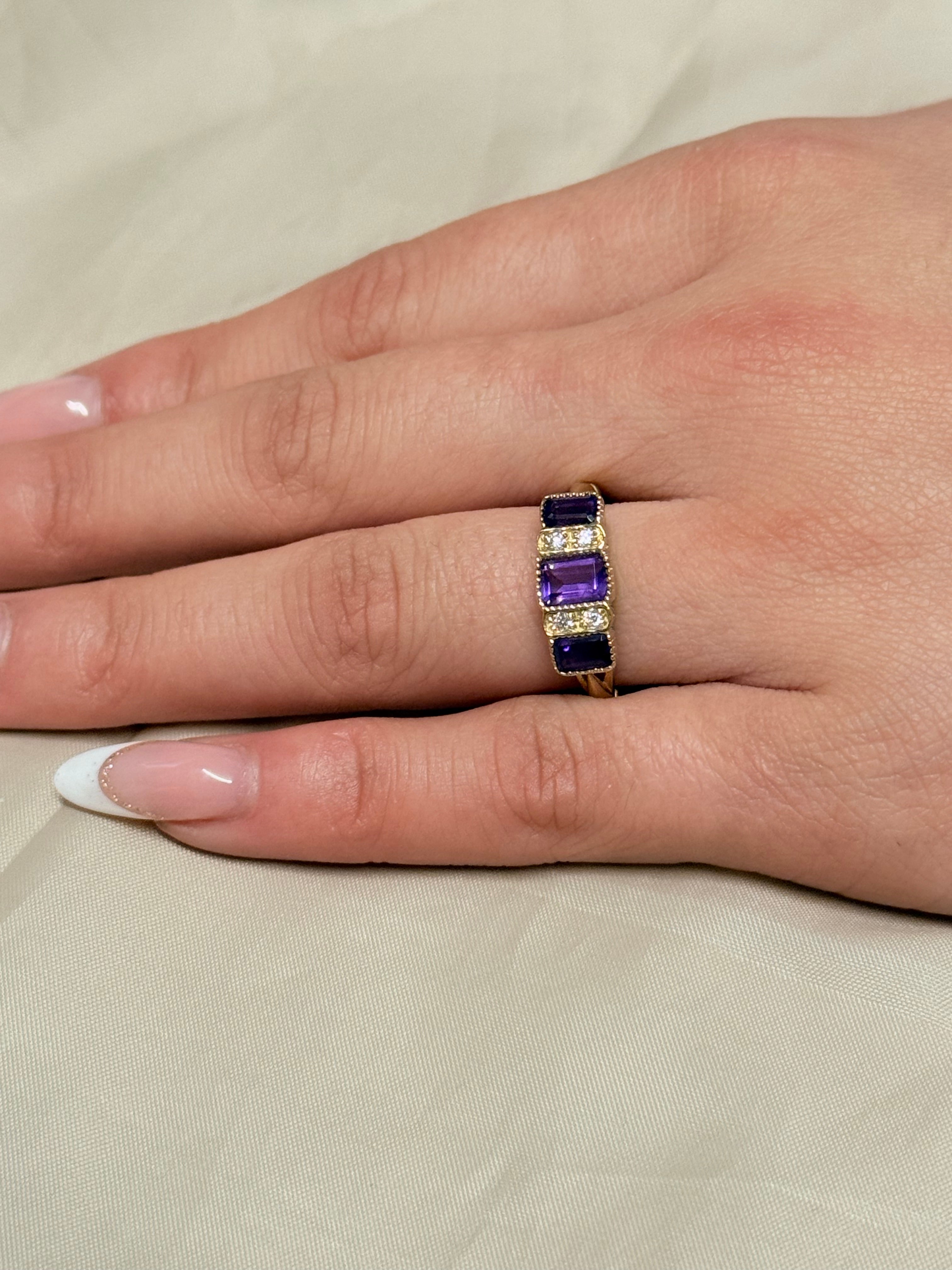 9K Yellow Gold Vintage Style Amethyst and Diamond Three Stone