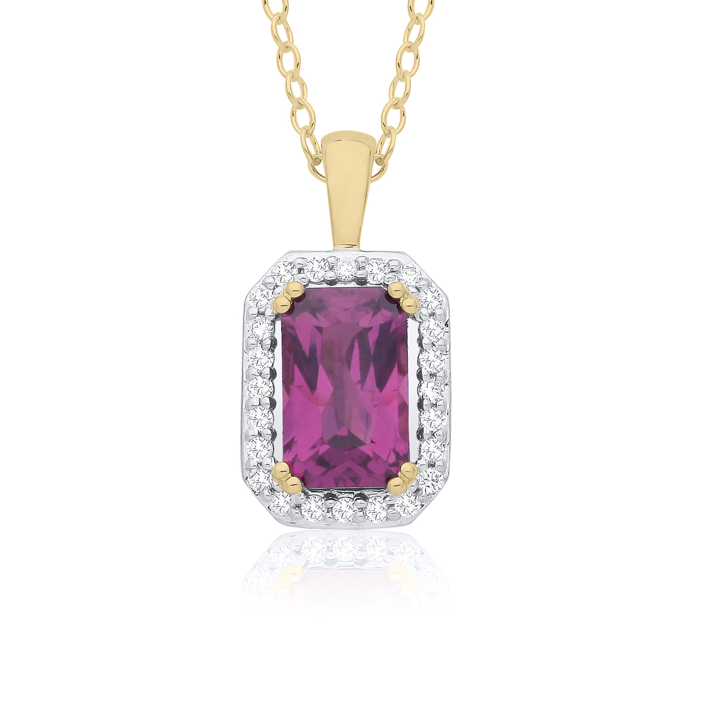 9ct Yellow Gold Purple Garnet & Diamond Halo Necklace