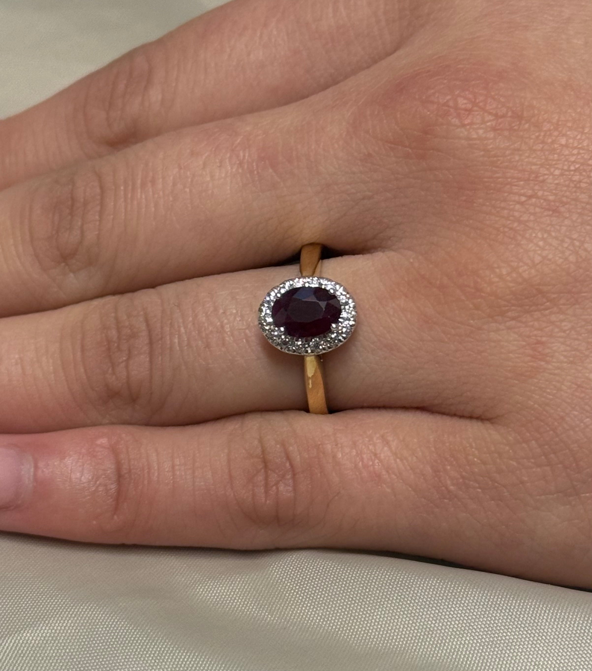 9K Yellow Gold Oval Ruby with Diamond Halo