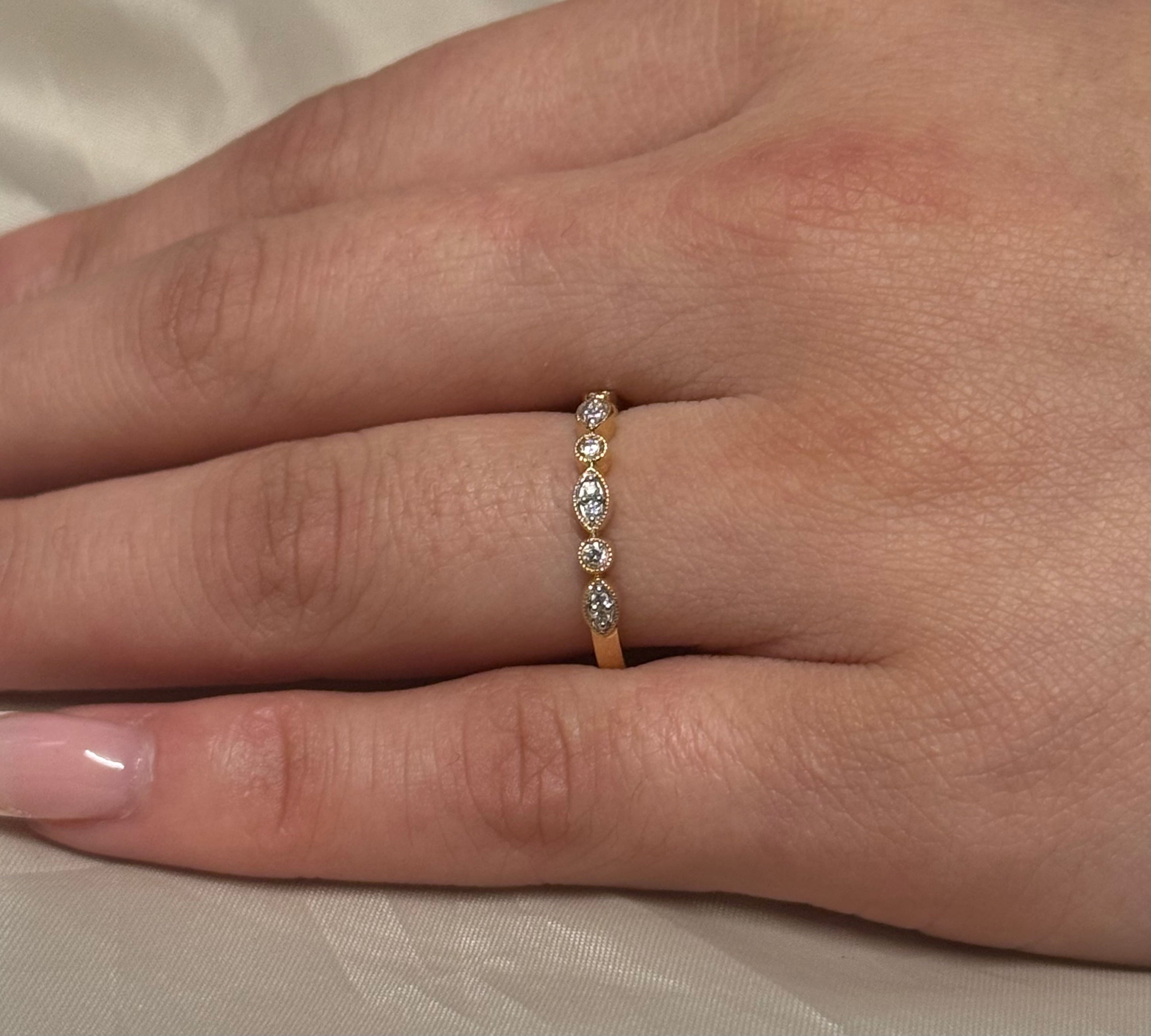 9K Yellow Gold Marquise & Brilliant Grain Set Diamond Band