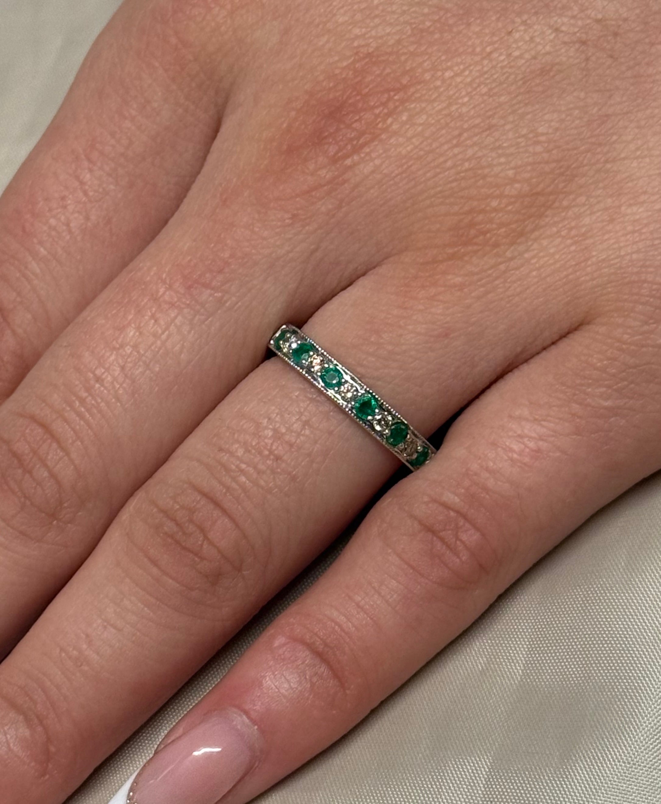 9K Yellow Gold Milgrain Channel Set Emerald and Diamond Band