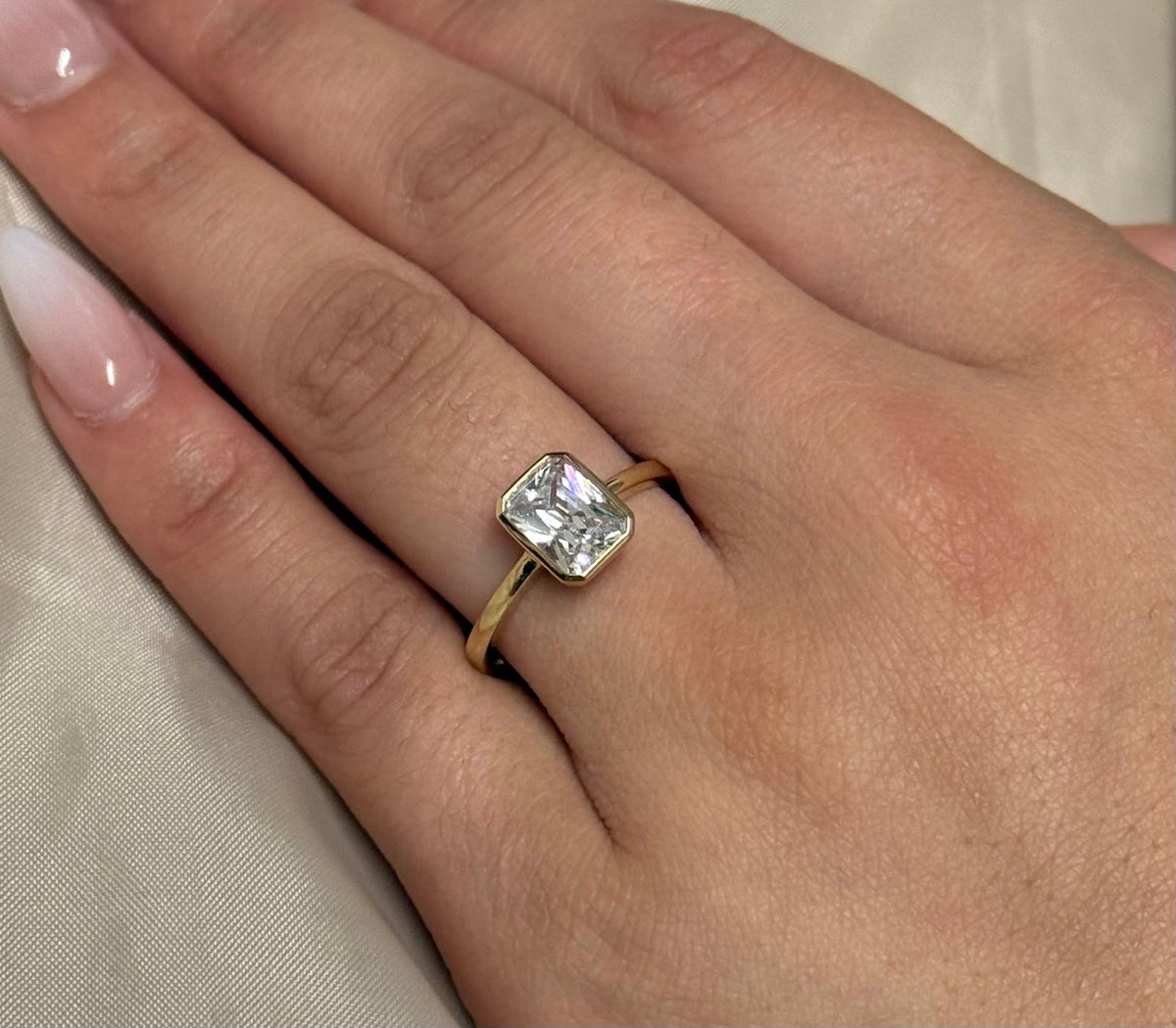 9K Yellow Gold Bezel Set Radiant Cz Ring