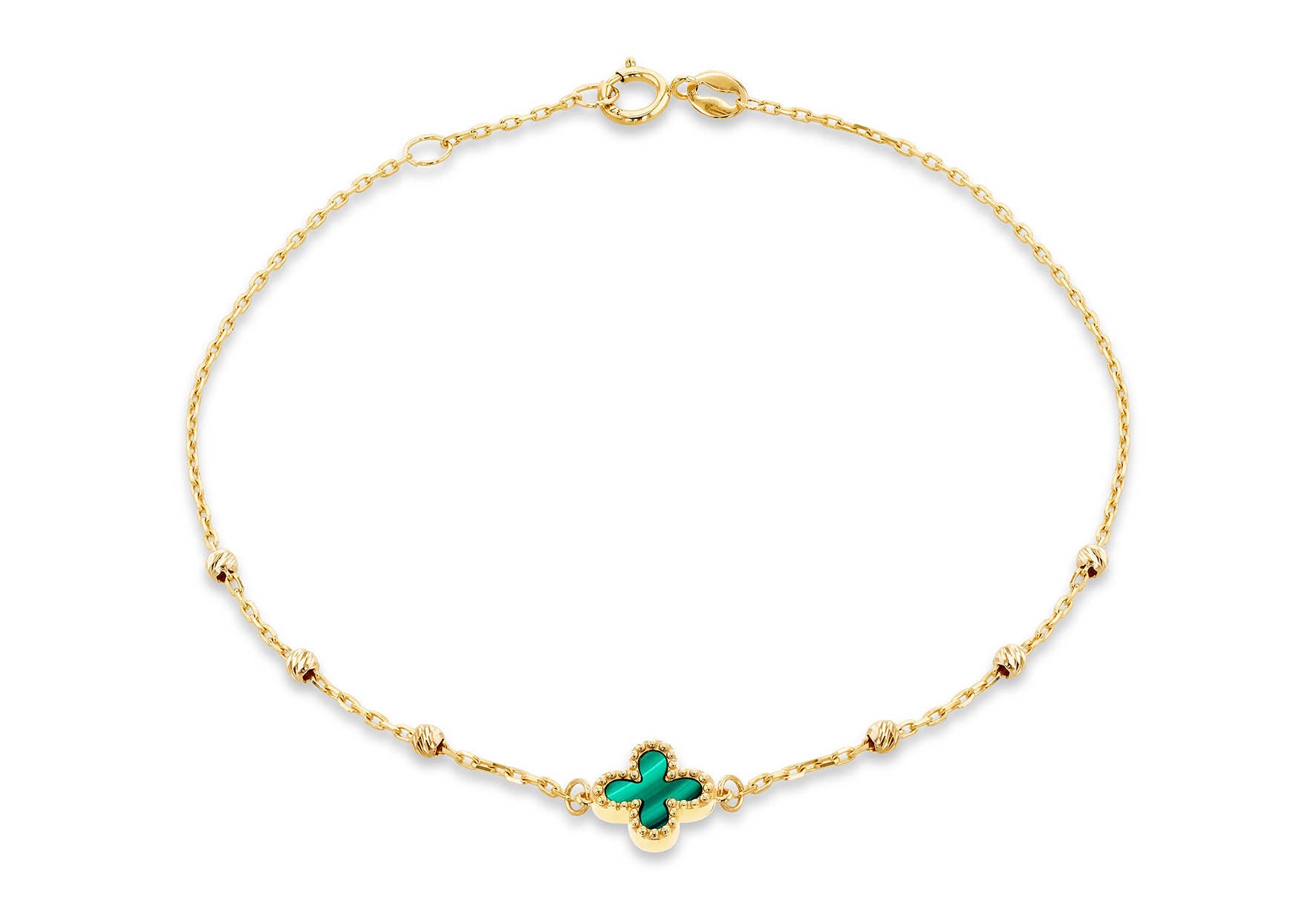 9ct Yellow Gold Malachite Beaded Clover Bracelet