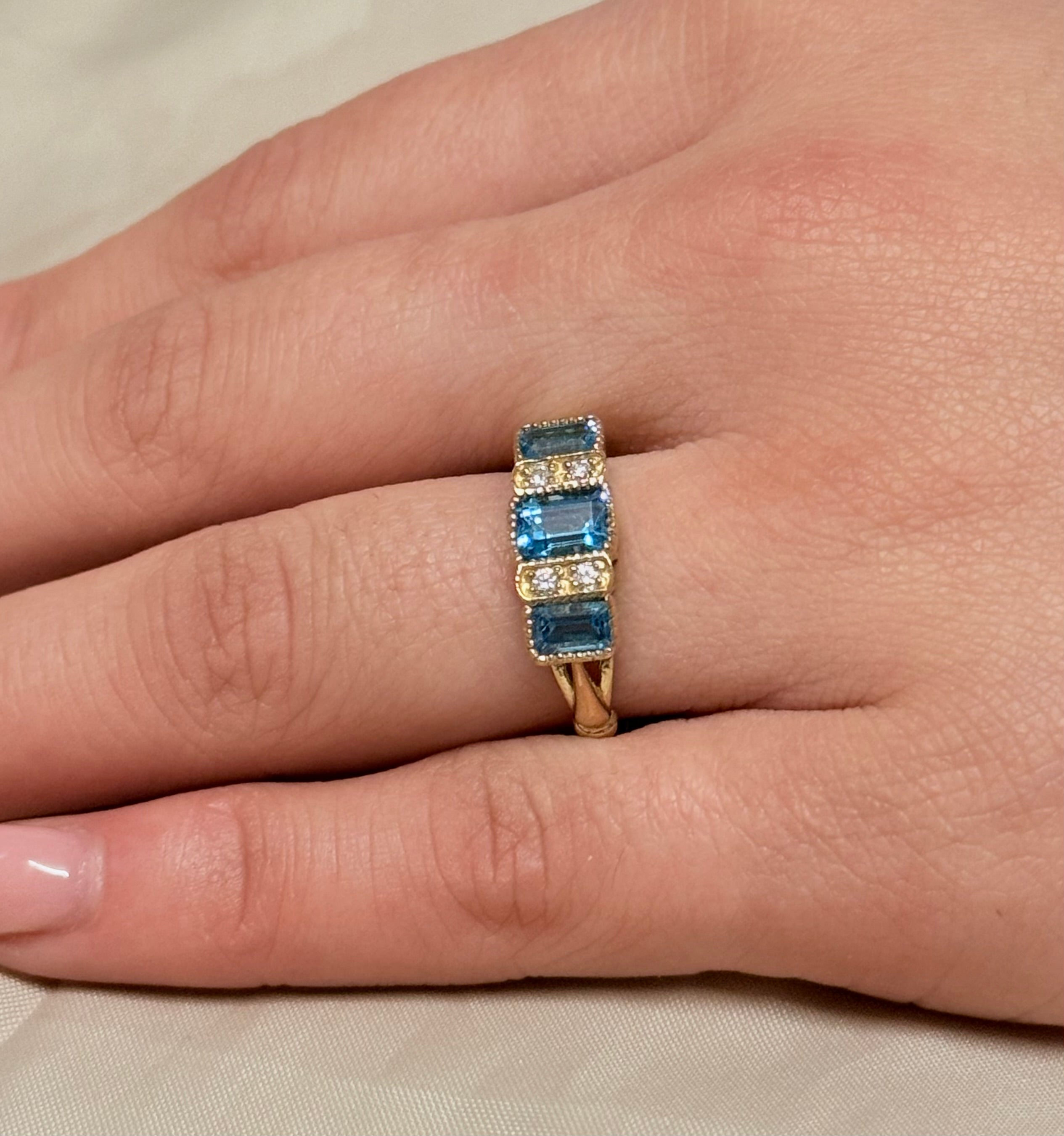 9K Yellow Gold Vintage Style Blue Topaz and Diamond Three Stone