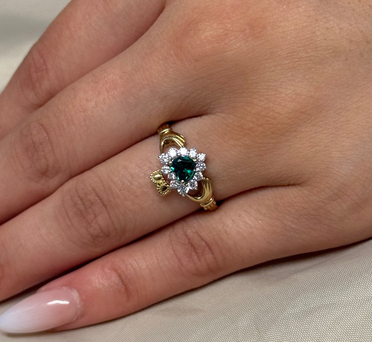 9K Yellow Gold Laboratory Grown Emerald Claddagh with Diamond Halo