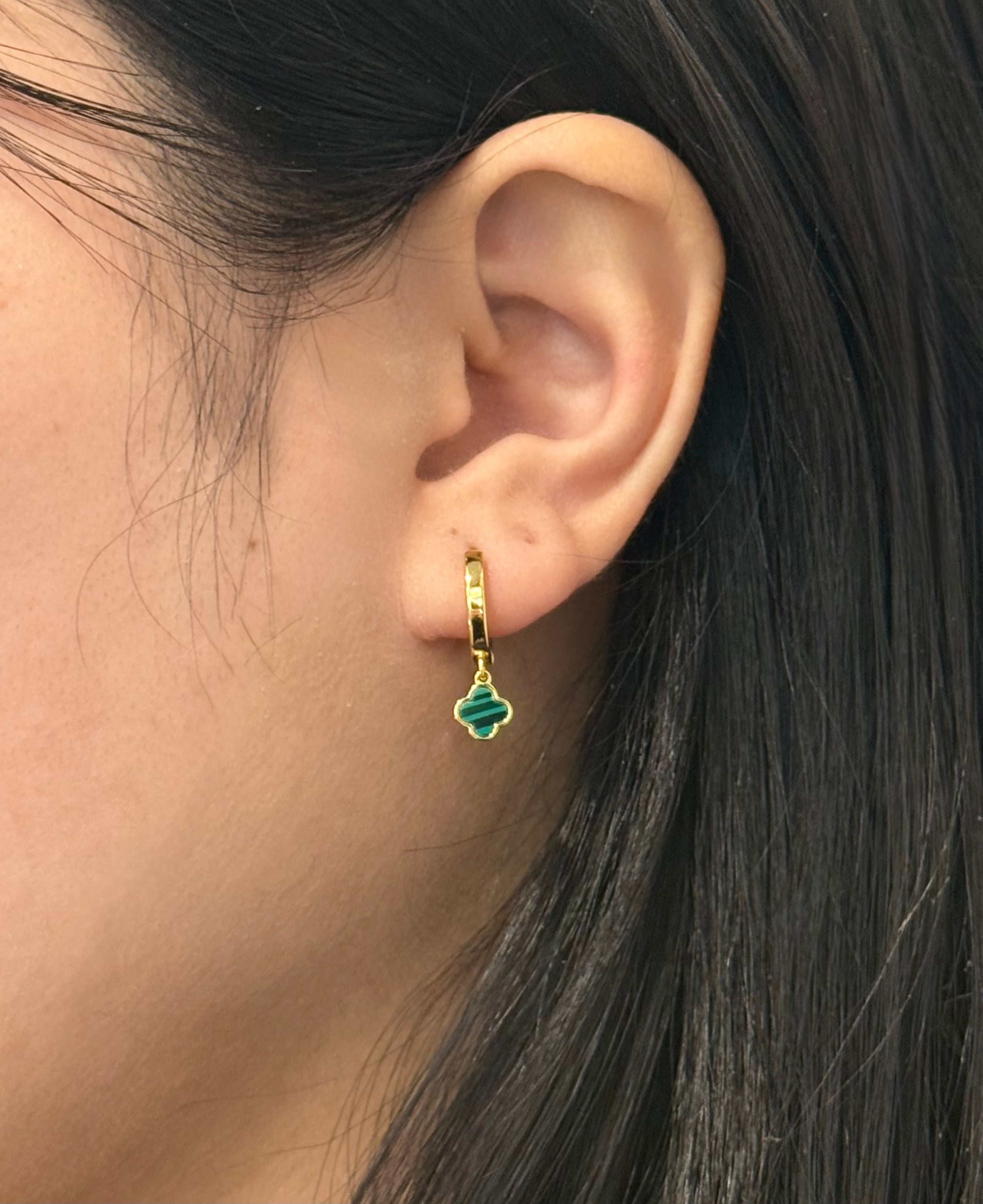 Gold Plated Sterling Silver Malachite Clover Hoops