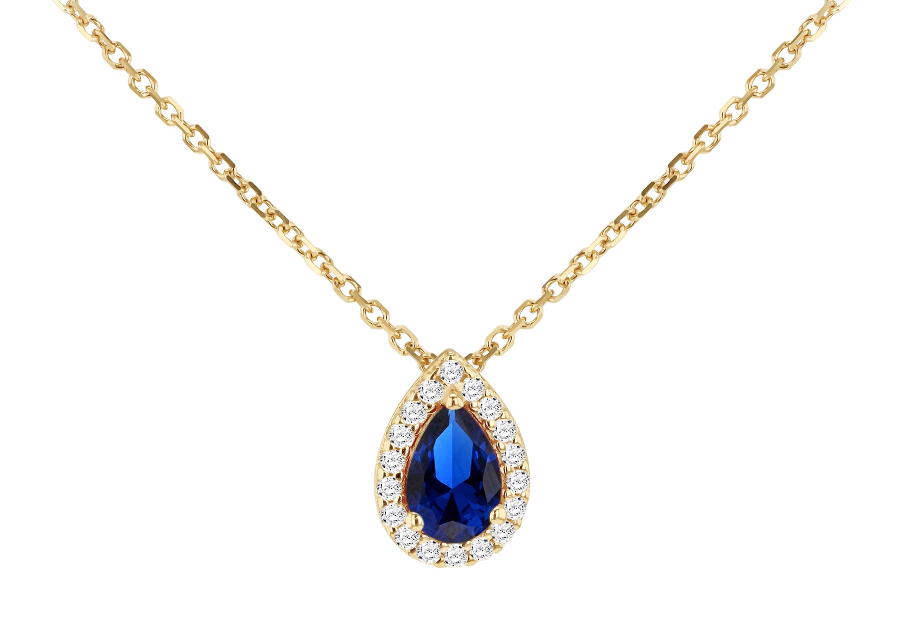 9ct Yellow Gold Small Blue Stone Pear and Cz Halo Pendant