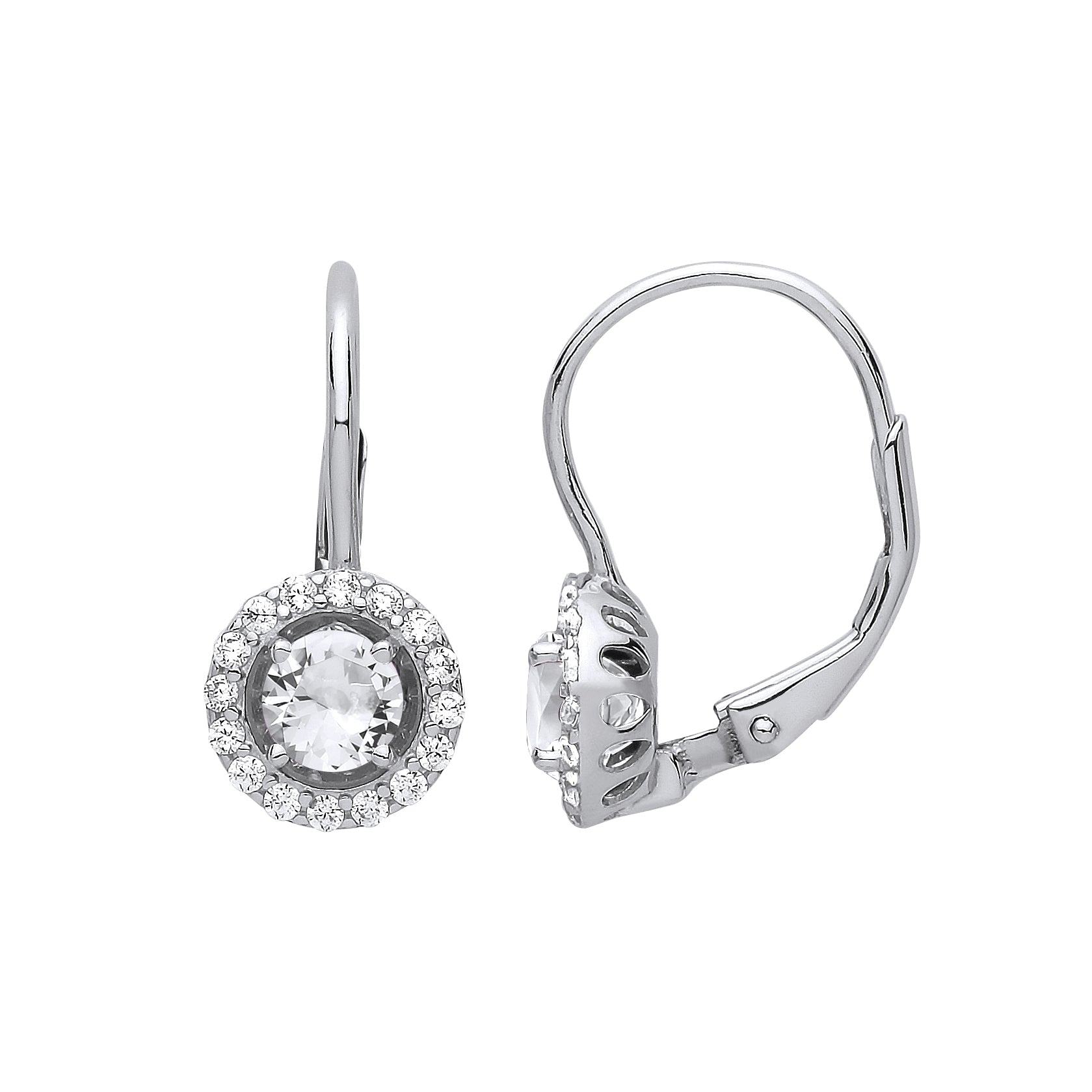 Sterling Silver Round Halo Drop Earrings