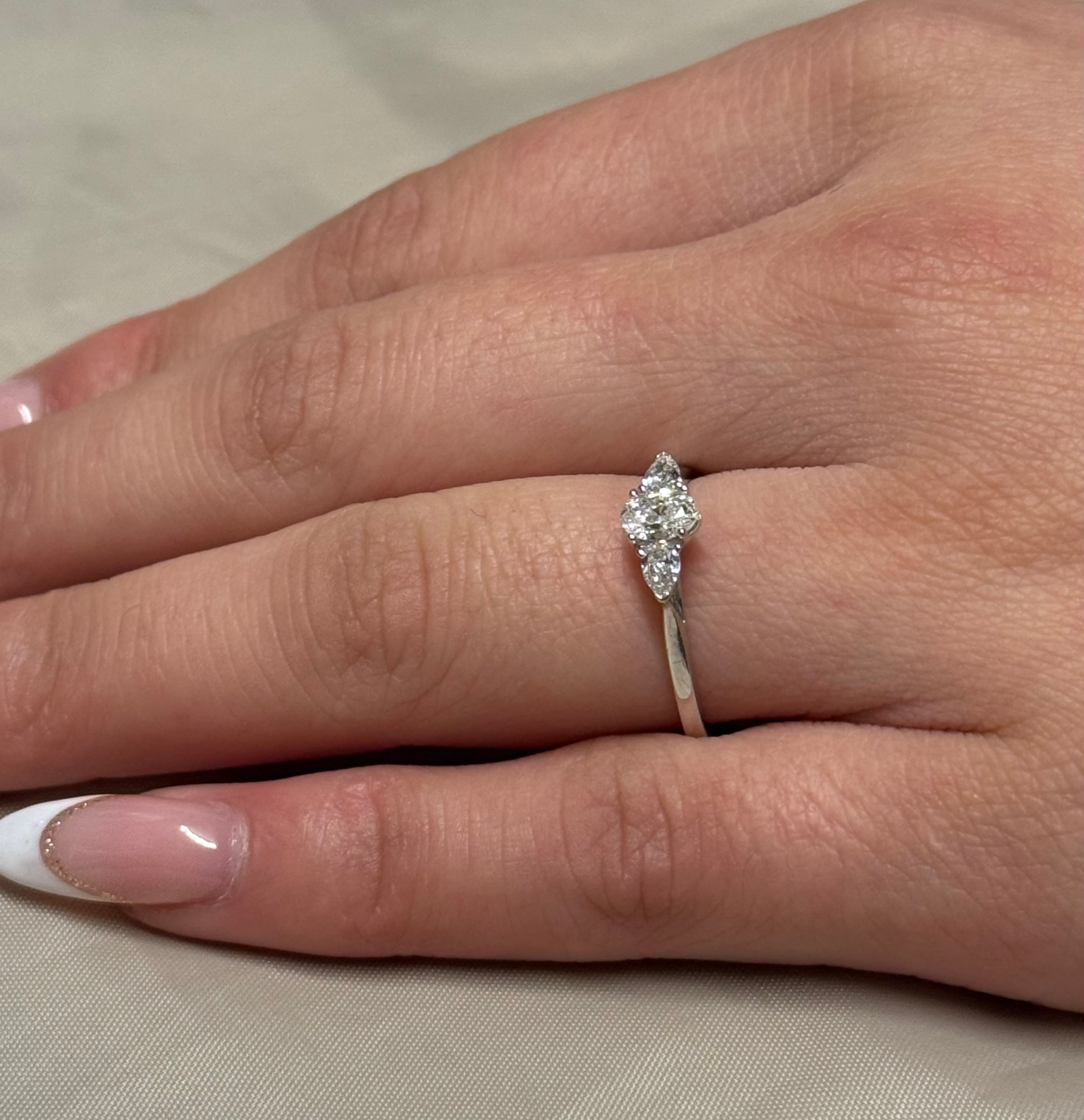 9K White Gold 50pt Oval & Pear Three Stone Diamond Ring