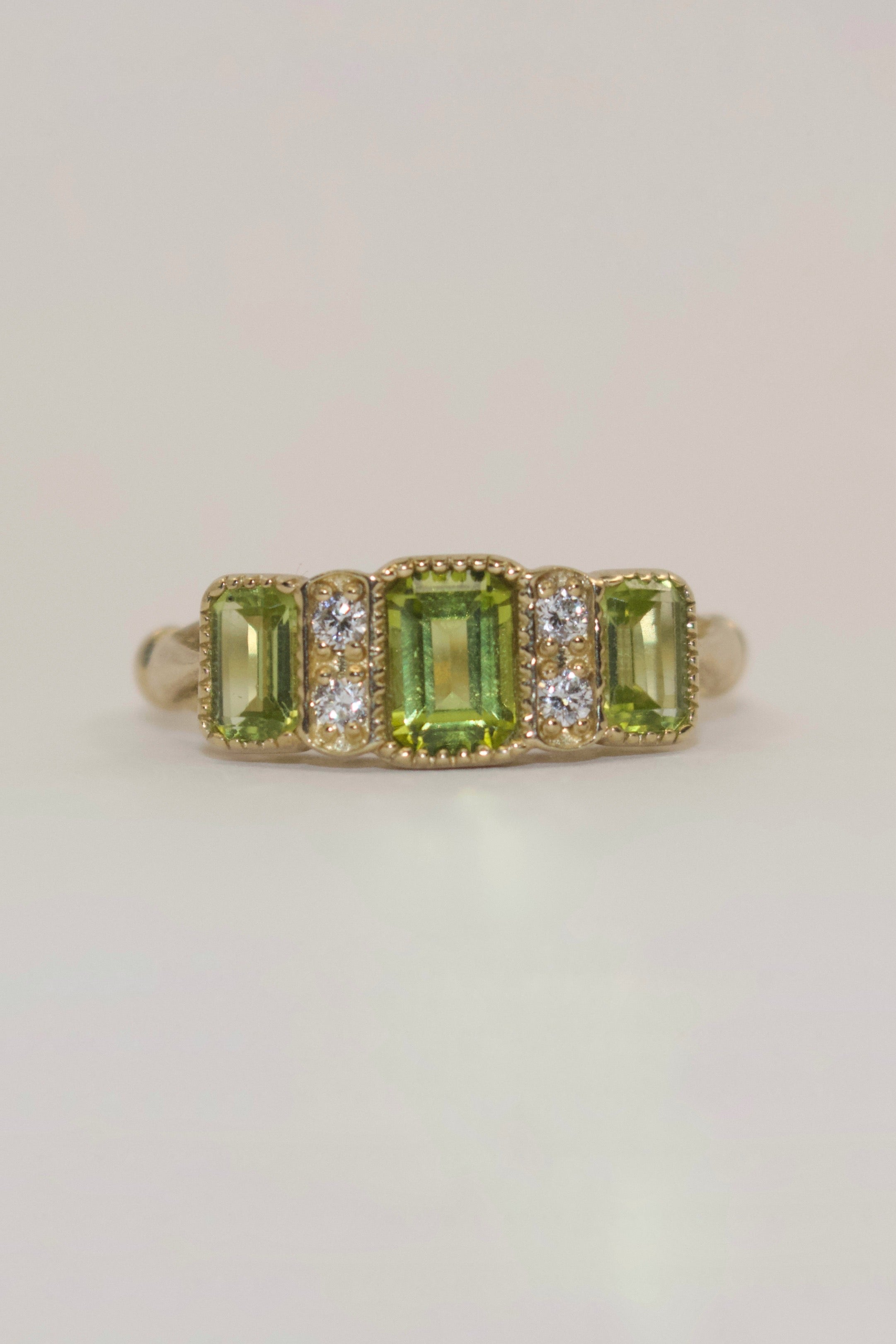 9K Yellow Gold Vintage Style Peridot and Diamond Three Stone