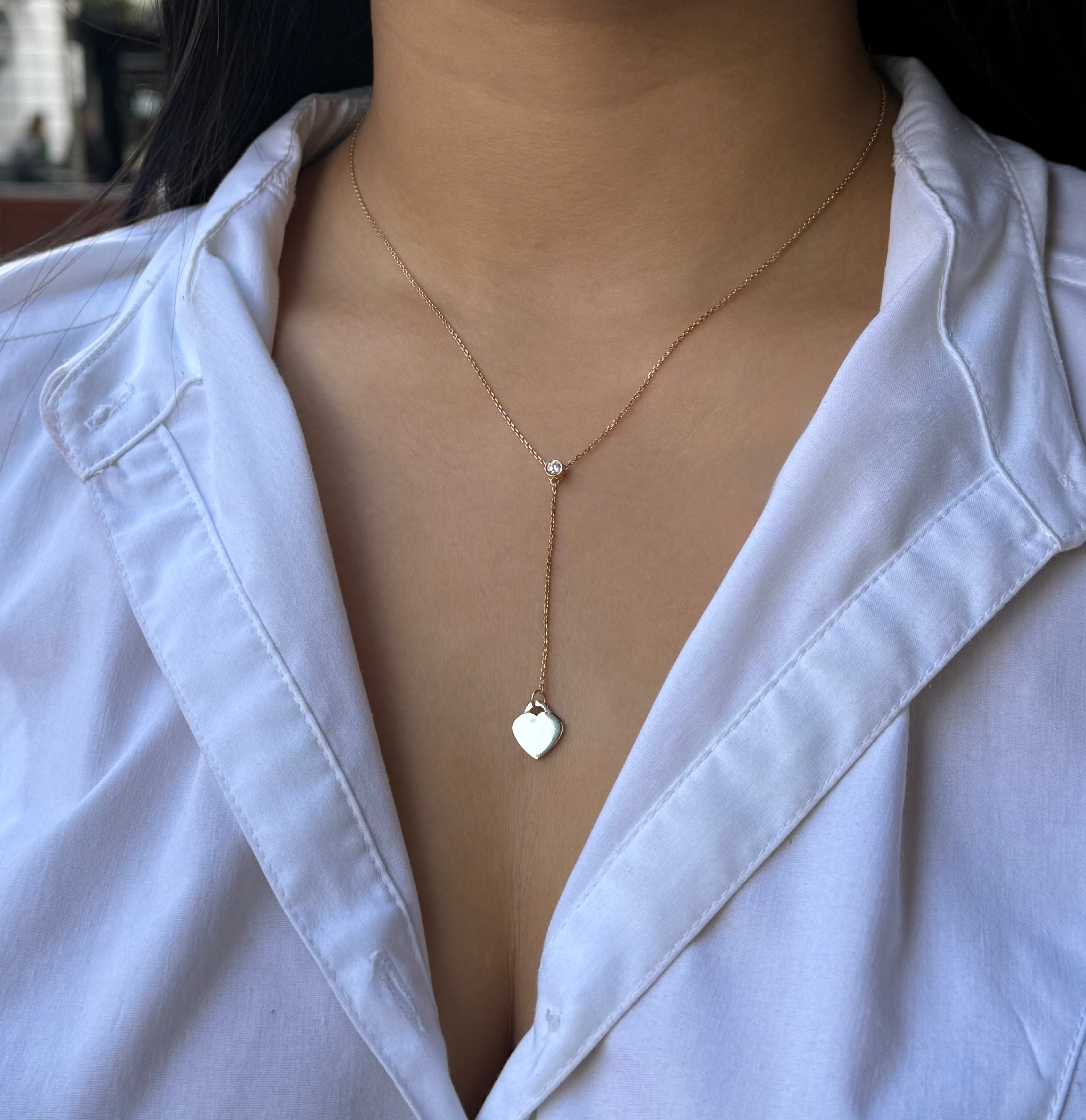 9ct Yellow Gold Diamond Long Heart Necklace