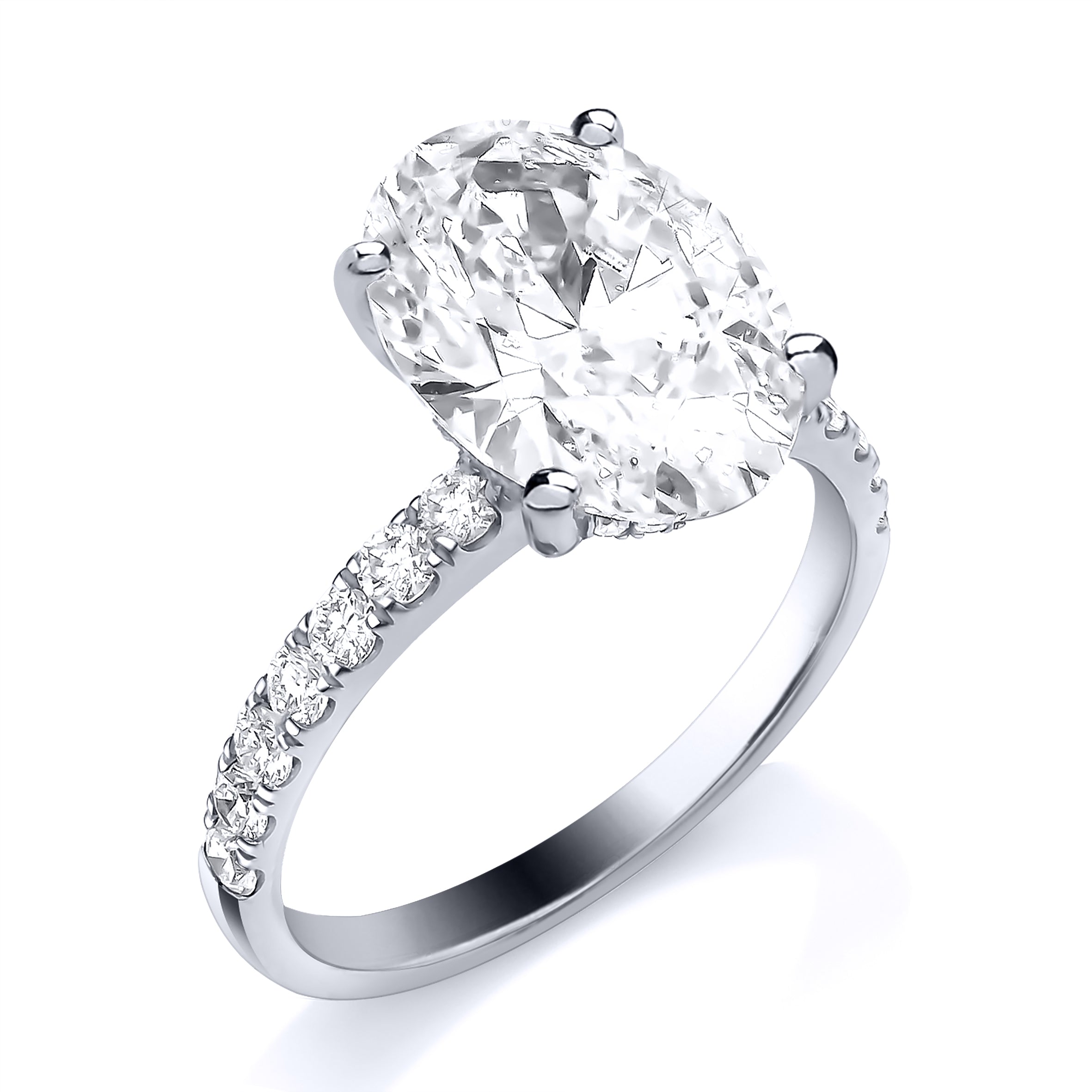 9K White Gold 3.40ct Oval Laboratory Grown Solitaire with Hidden Halo and Diamond Band