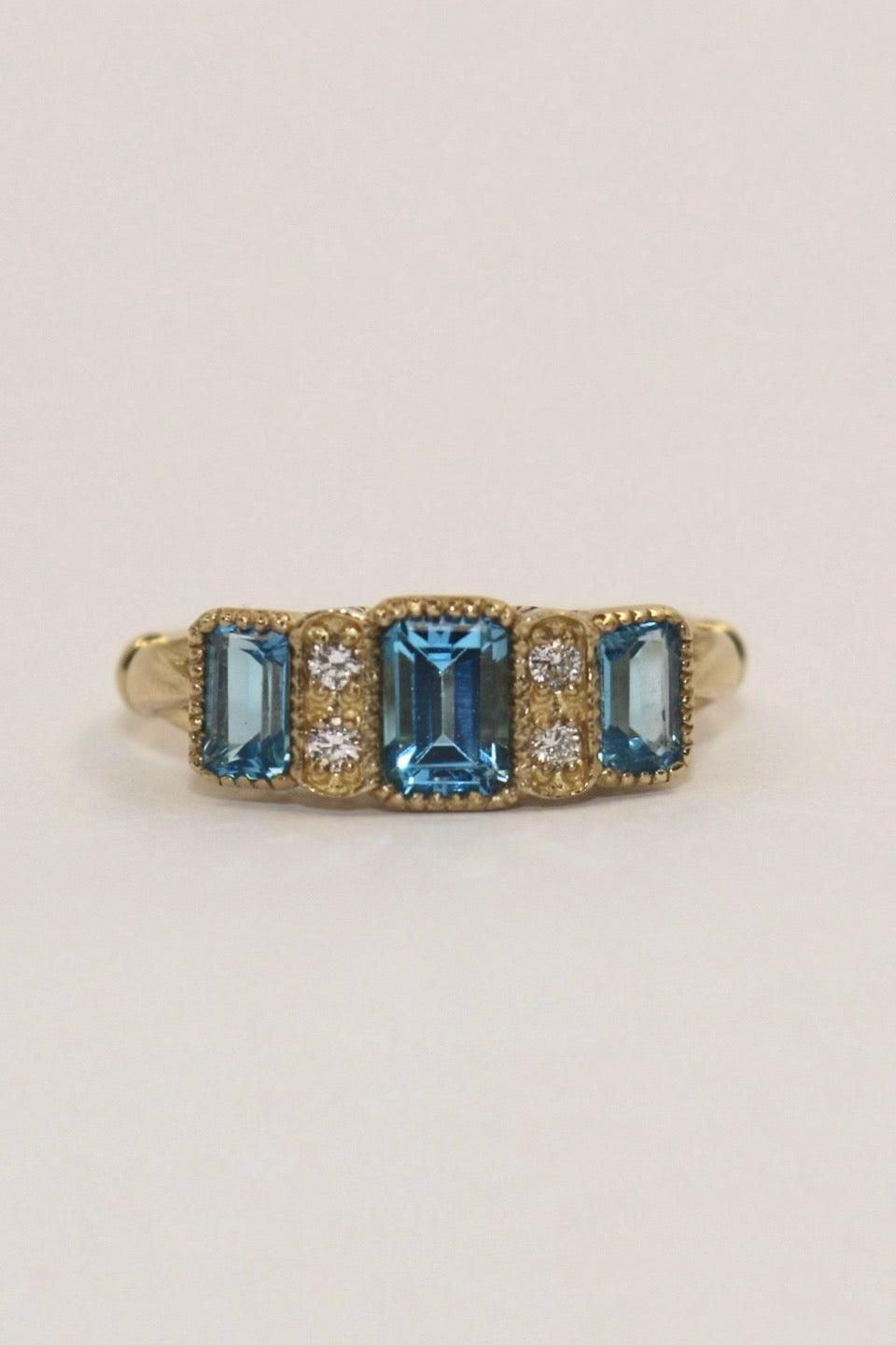 9K Yellow Gold Vintage Style Blue Topaz and Diamond Three Stone
