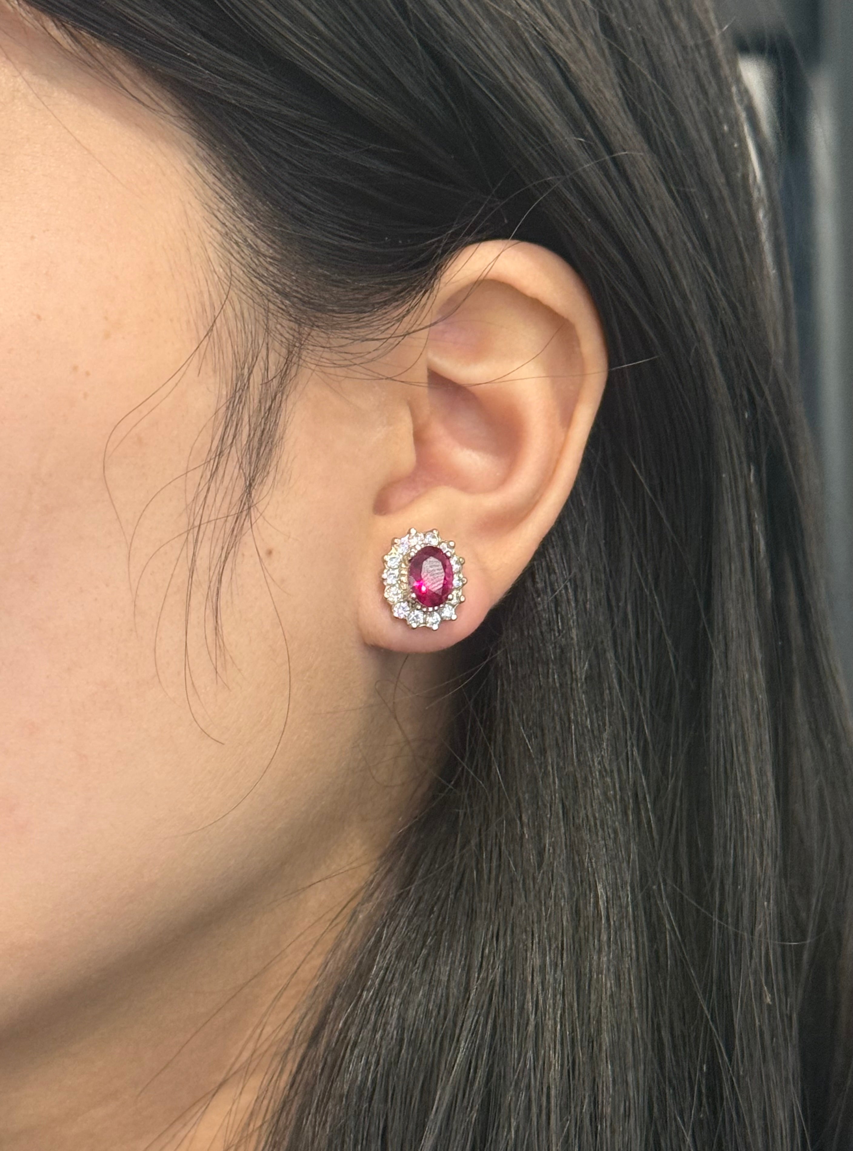 Sterling Silver Red Cz Cluster Stud Earrings