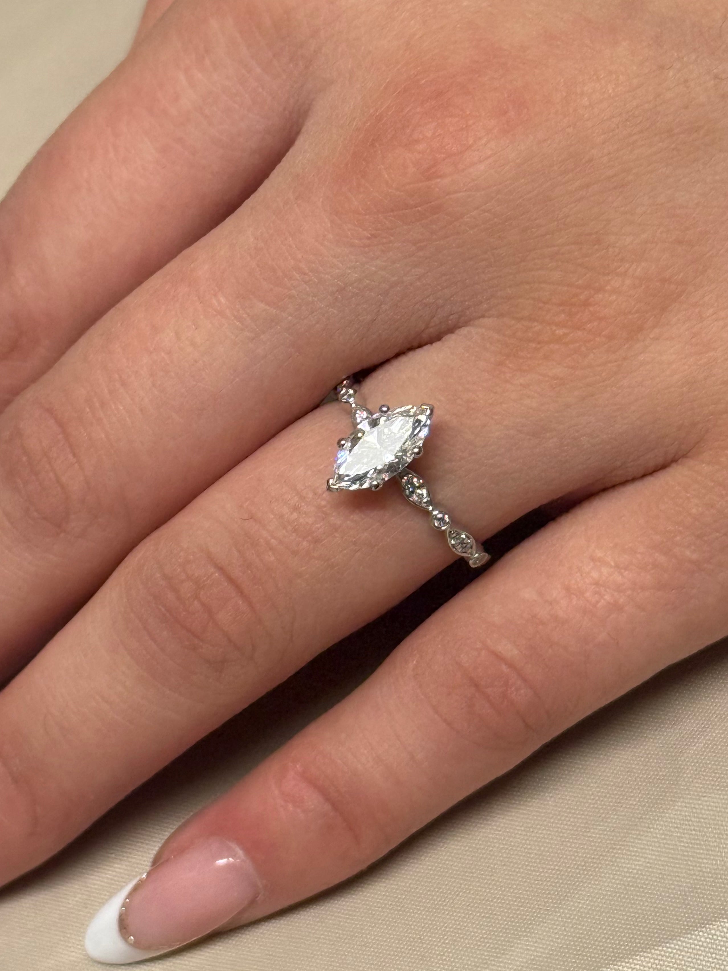 9K White Gold 1ct Marquise Laboratory Grown Diamond Ring with Fancy Band