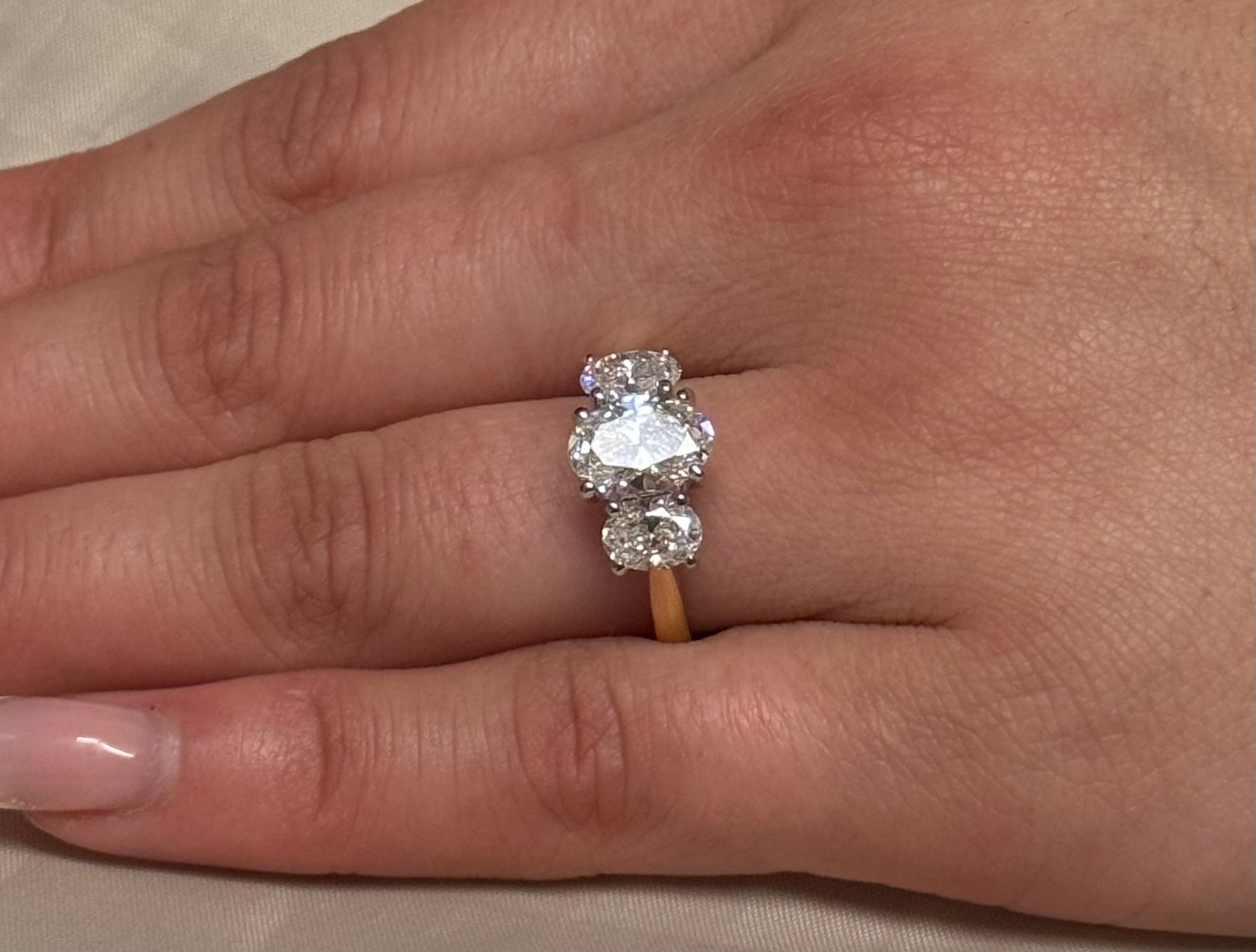 18K Yellow Gold 2.58ct Oval Laboratory Grown Diamond Three Stone Ring