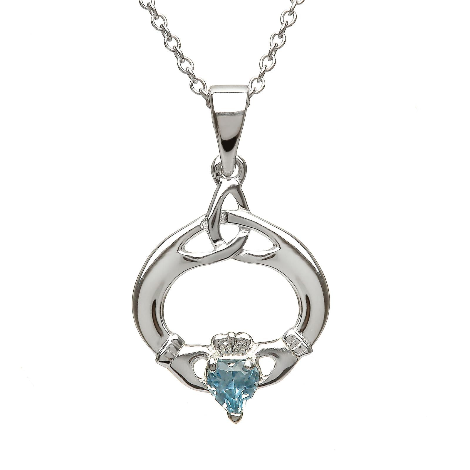 Sterling Silver March Birthstone Claddagh Pendant