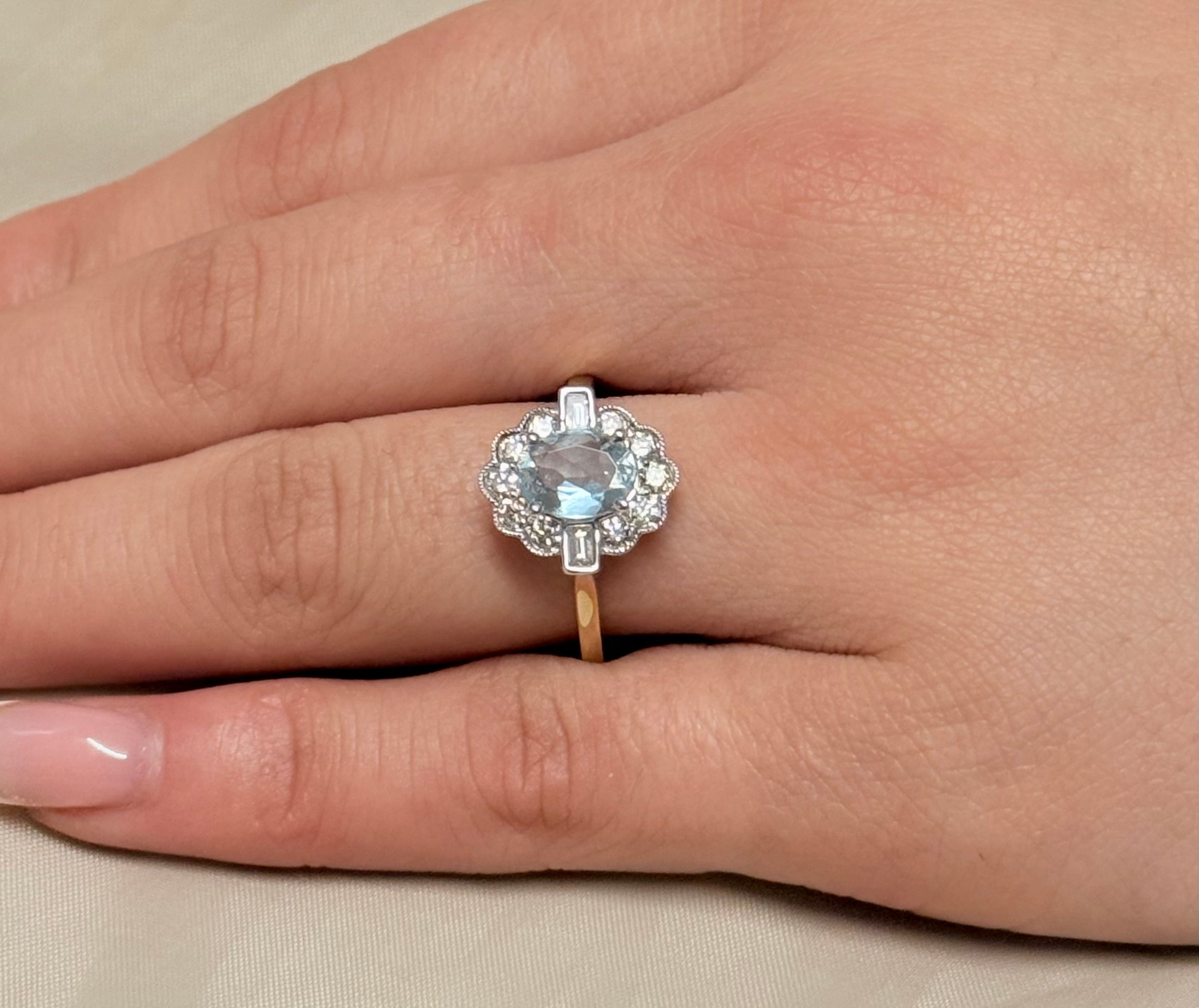 9K Yellow Gold Aquamarine and Diamond Cluster with Baguette Side Stones